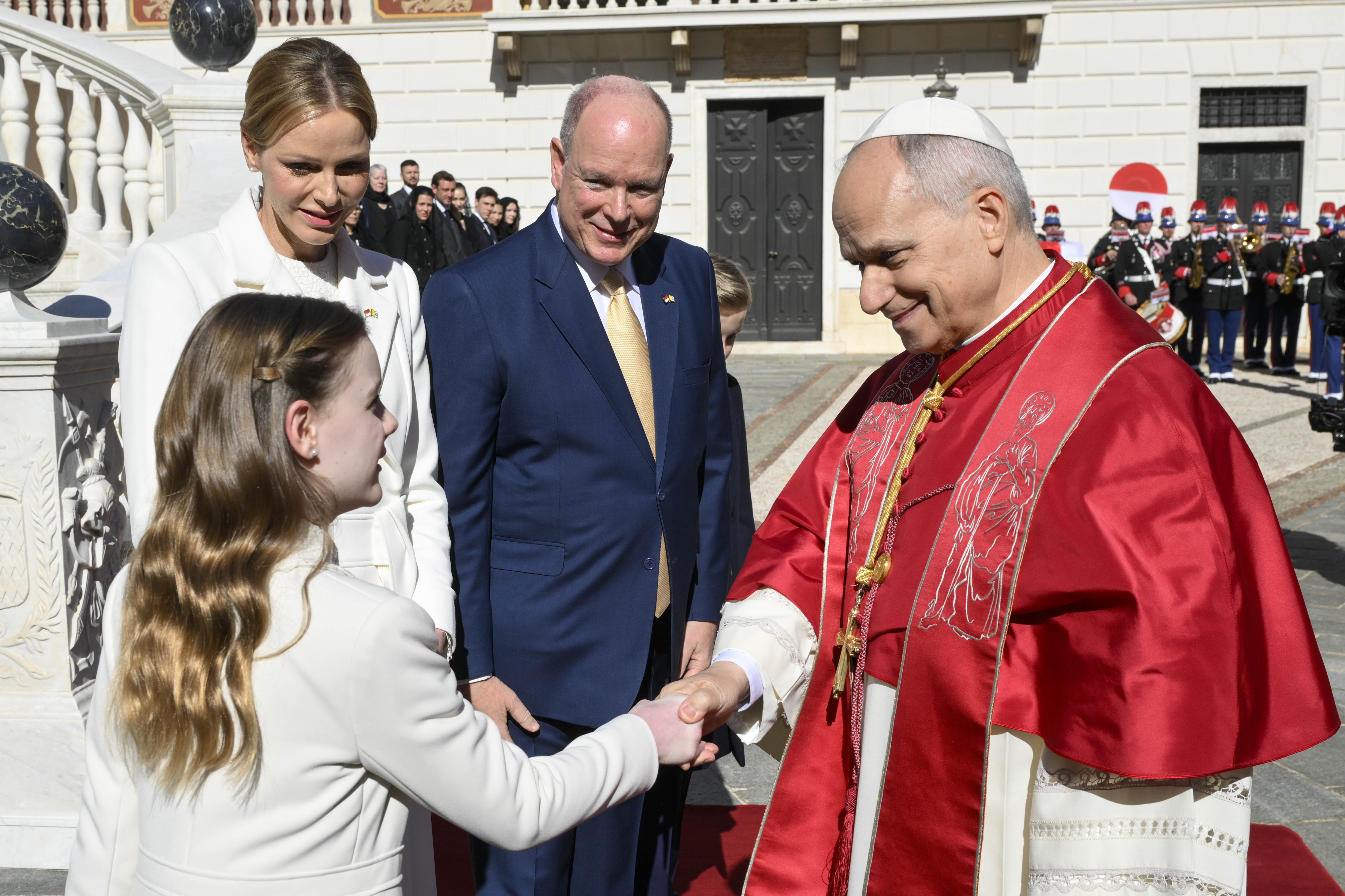 Pope Leo XIV shakes the hand of Princess Gabriella, Countess of Carladès, in Monaco, Saturday, March 28, 2026 | Credit: Vatican Media