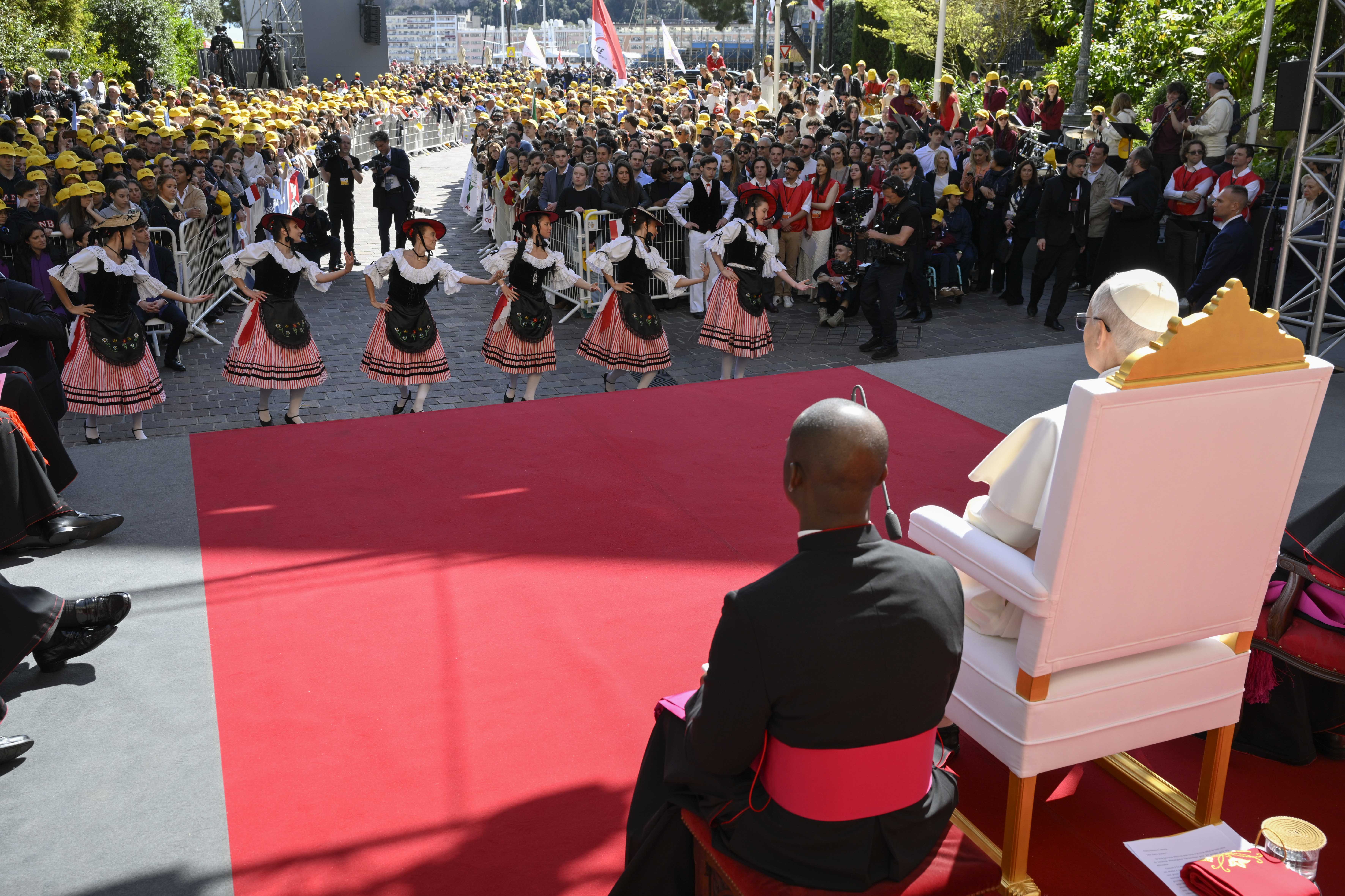 Pope Leo XIV views dancers during public festivities in Monaco, Saturday, March 28, 2026 | Credit: Vatican Media