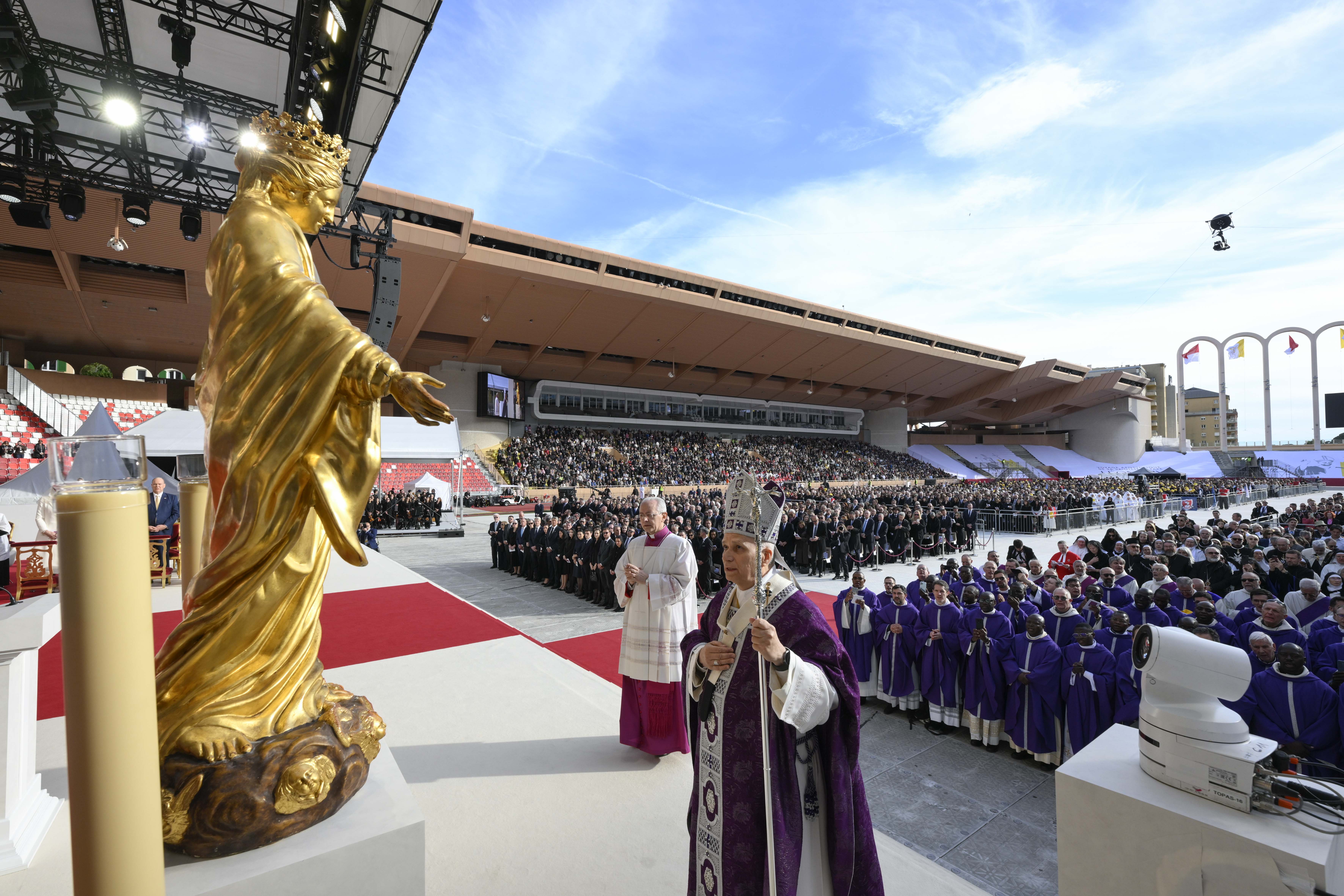 Pope Leo XIV processes during Mass at Louis II Stadium in Monaco, Saturday, March 28, 2026 | Credit: Vatican Media