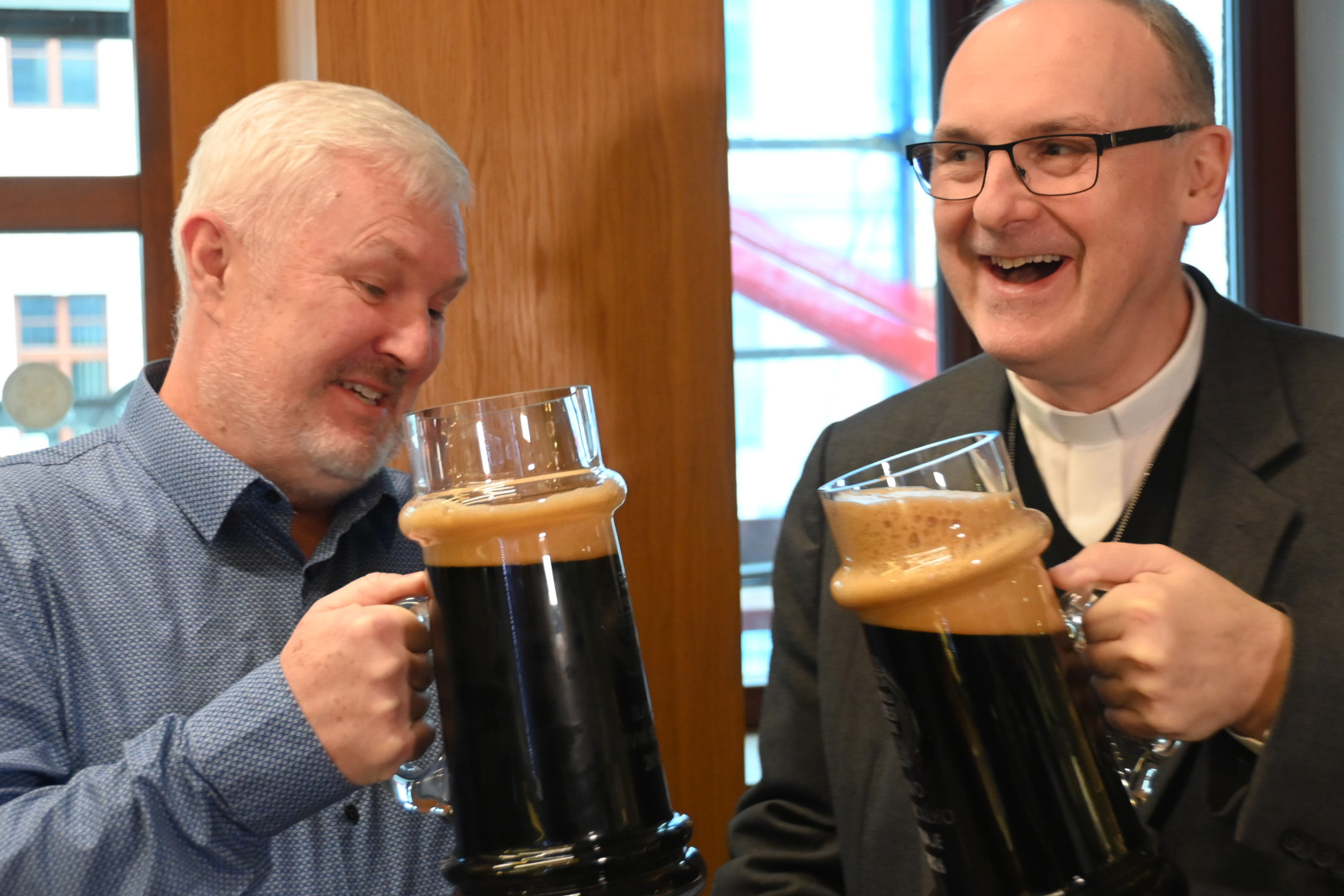 Head brewer Robert Kříž (left) and Archbishop-designate Stanislav Přibyl of Prague toast with the Easter stout at the Bishop’s Brewery at St. Stephen’s in Litoměřice, Czech Republic, on March 16, 2026. | Credit: Diocese of Litoměřice