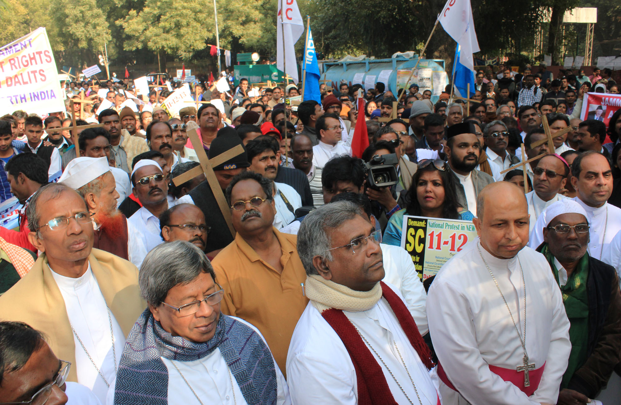 Catholic bishops and clergy join thousands of Dalit Christian demonstrators at a protest rally in New Delhi on Dec. 11, 2013. Placards demand Scheduled Caste status for Christian Dalits. | Credit: Anto Akkara