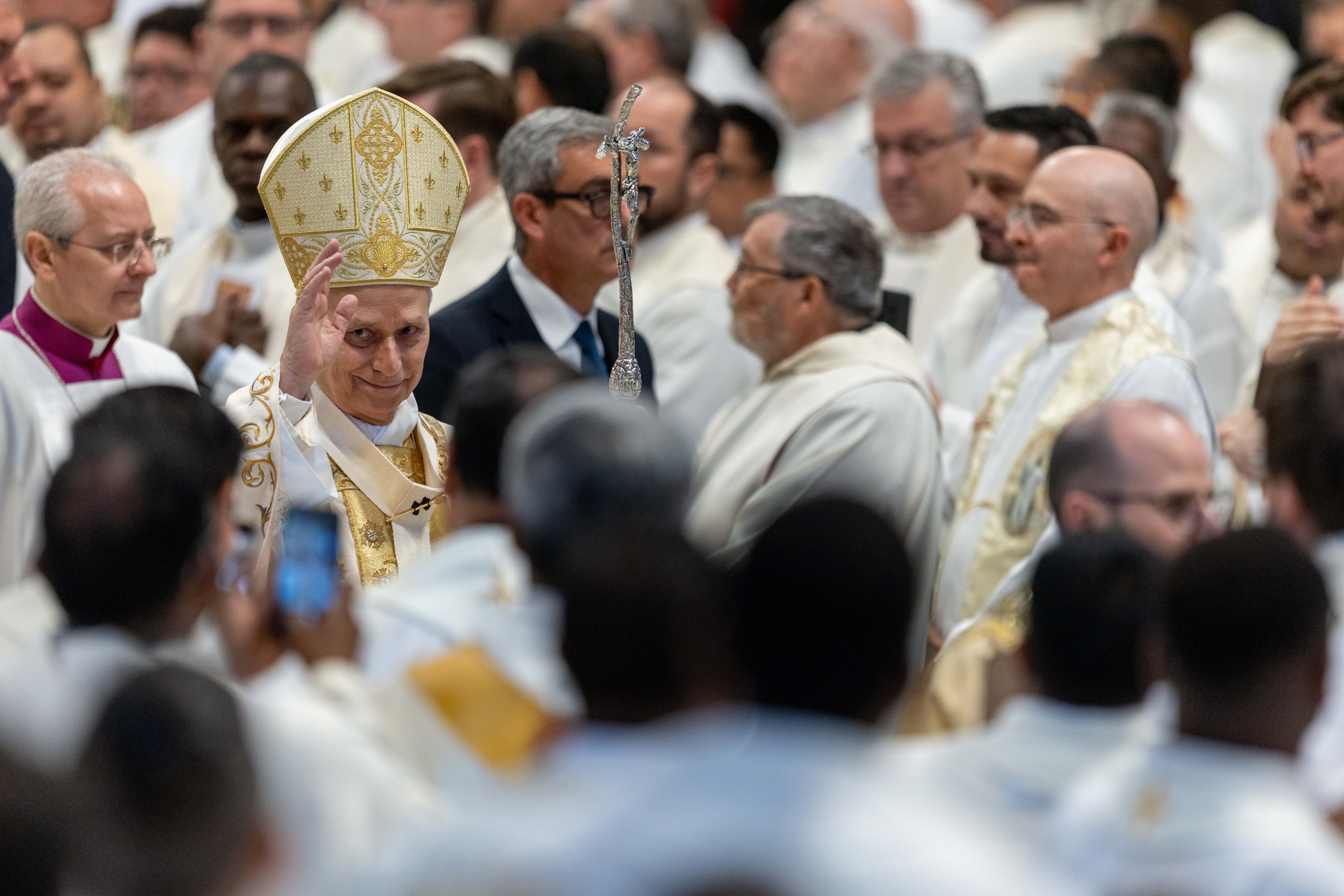 Pope Leo XIV greets clergy at a chrism Mass at the Vatican on Holy Thursday, April 2, 2026. | Credit: Daniel Ib&aacute;&ntilde;ez/EWTN News