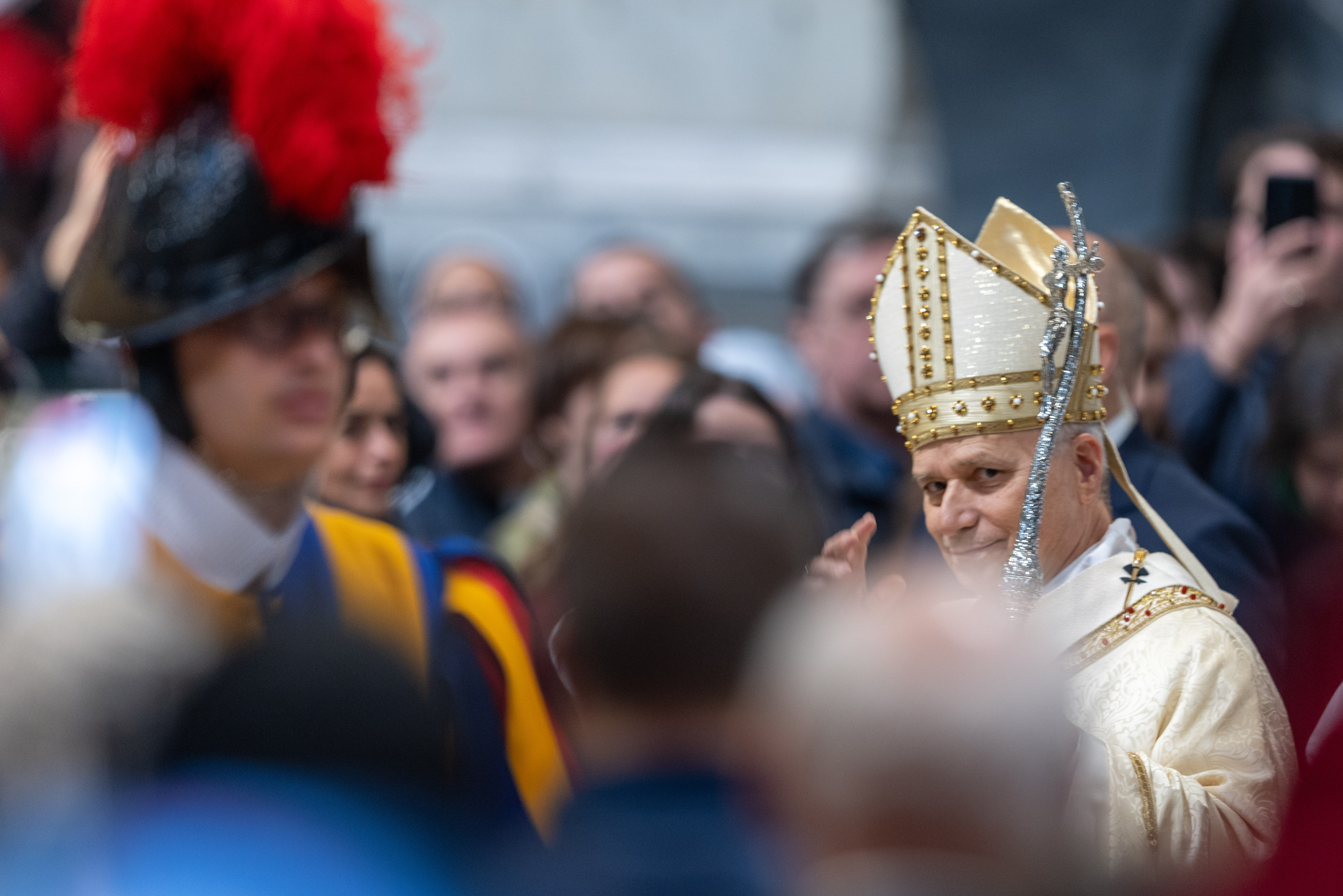 Pope Leo XIV greets the faithful at the Basilica of St. John Lateran during the Mass of the Lord’s Supper, Thursday, April 2, 2026. | Credit: Daniel Ibáñez/EWTN News
