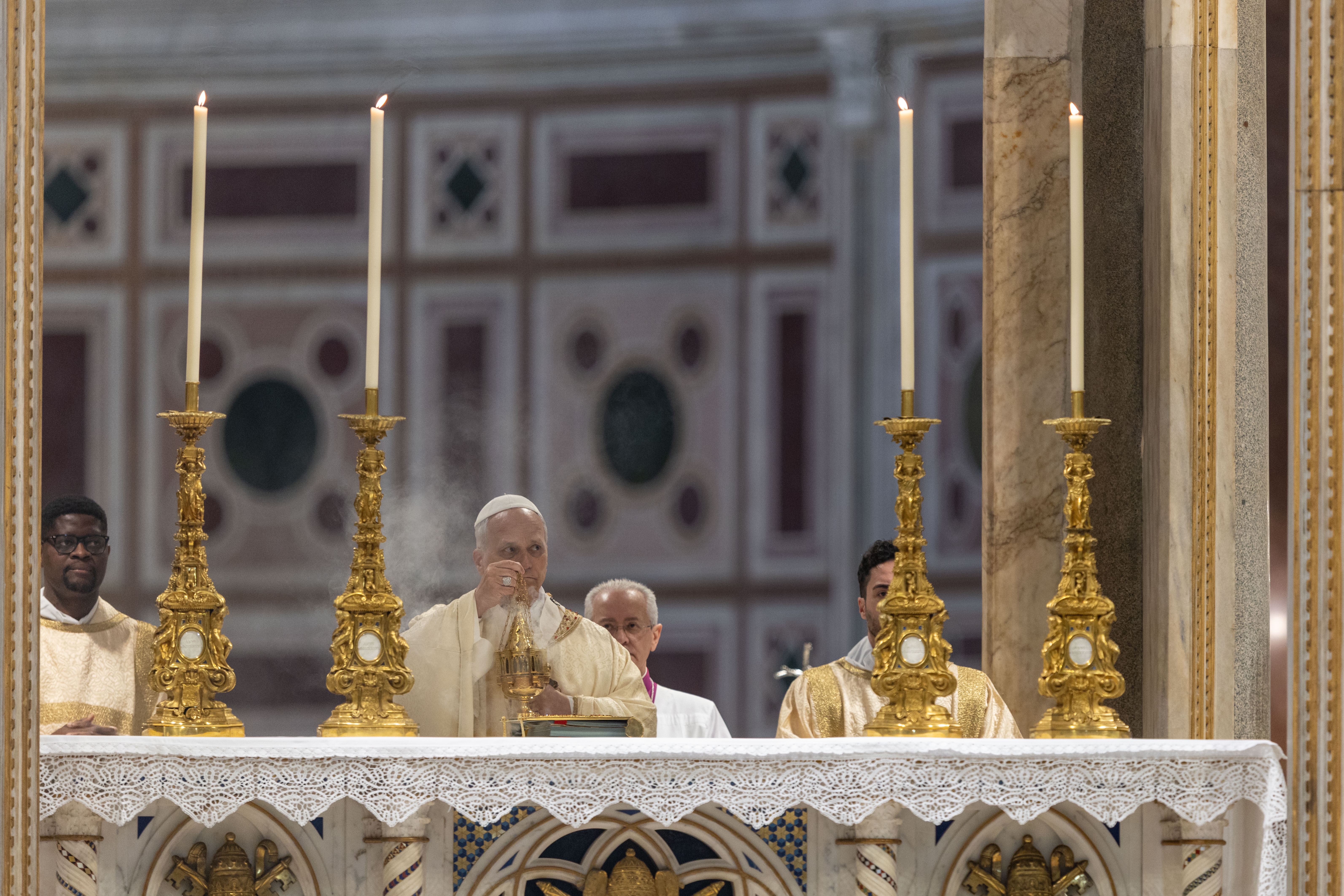 Pope Leo XIV incenses the altar of the Basilica of St. John Lateran during the Mass of the Lord’s Supper, Thursday, April 2, 2026. | Credit: Daniel Ibáñez/EWTN News