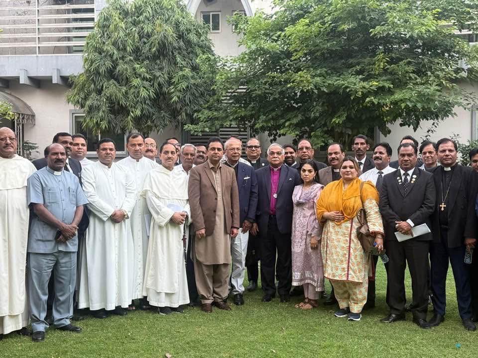 Archbishop Azad Marshall, moderator/president bishop of the Church of Pakistan, a united Protestant denomination, meets with ecumenical leaders and Christian politicians following an April 6, 2026, consultation on the Maria Shahbaz case at Waris Road, Lahore. | Credit: Church of Pakistan