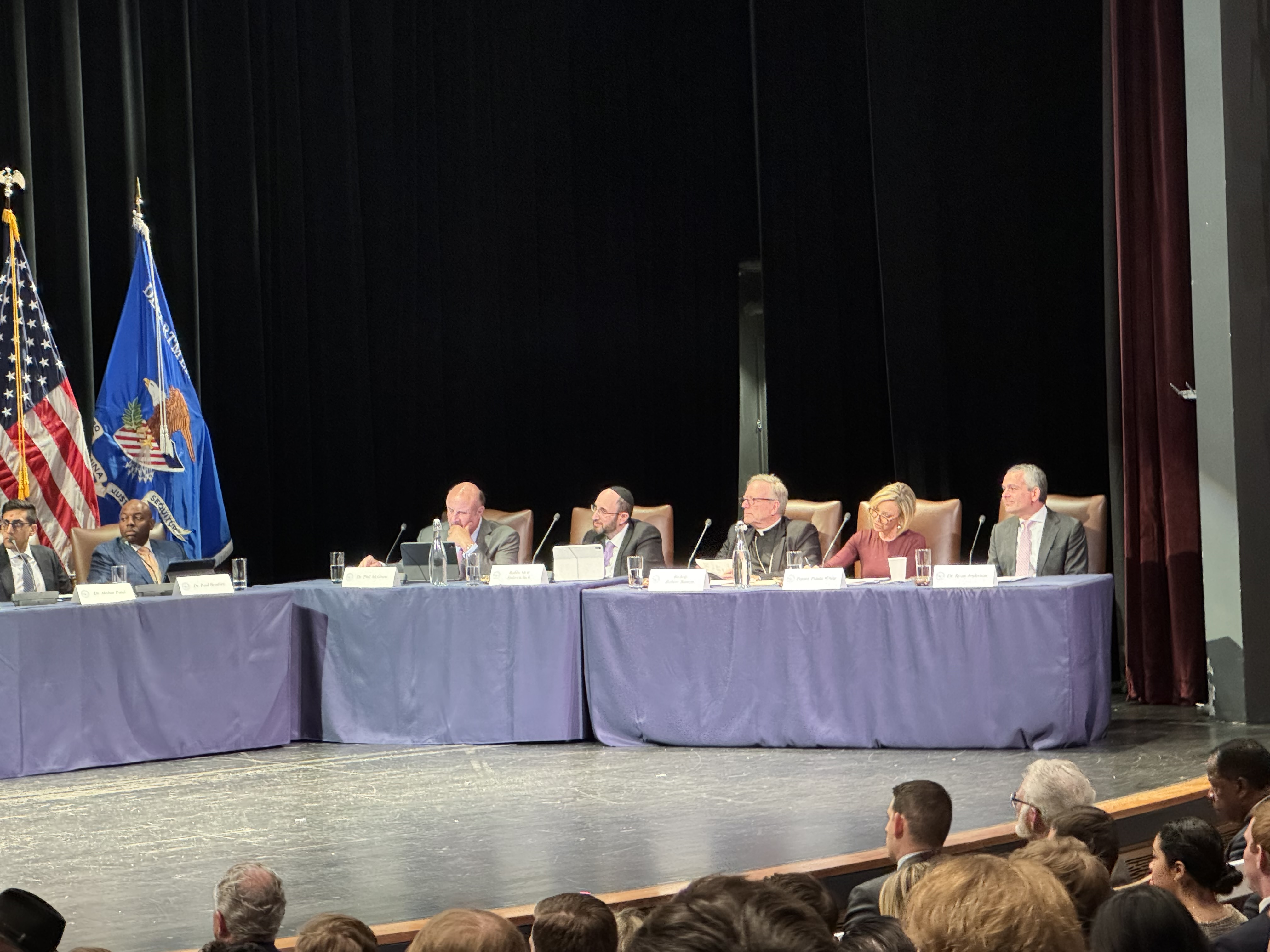 Commissioners Dr. Phil McGraw, Rabbi Meir Soloveichik, Bishop Robert Barron, Paula White-Cain, and Ryan Anderson attend the Religious Liberty Commission hearing in Washington, D.C., on April 13, 2026. | Credit: Tessa Gervasini/ EWTN News