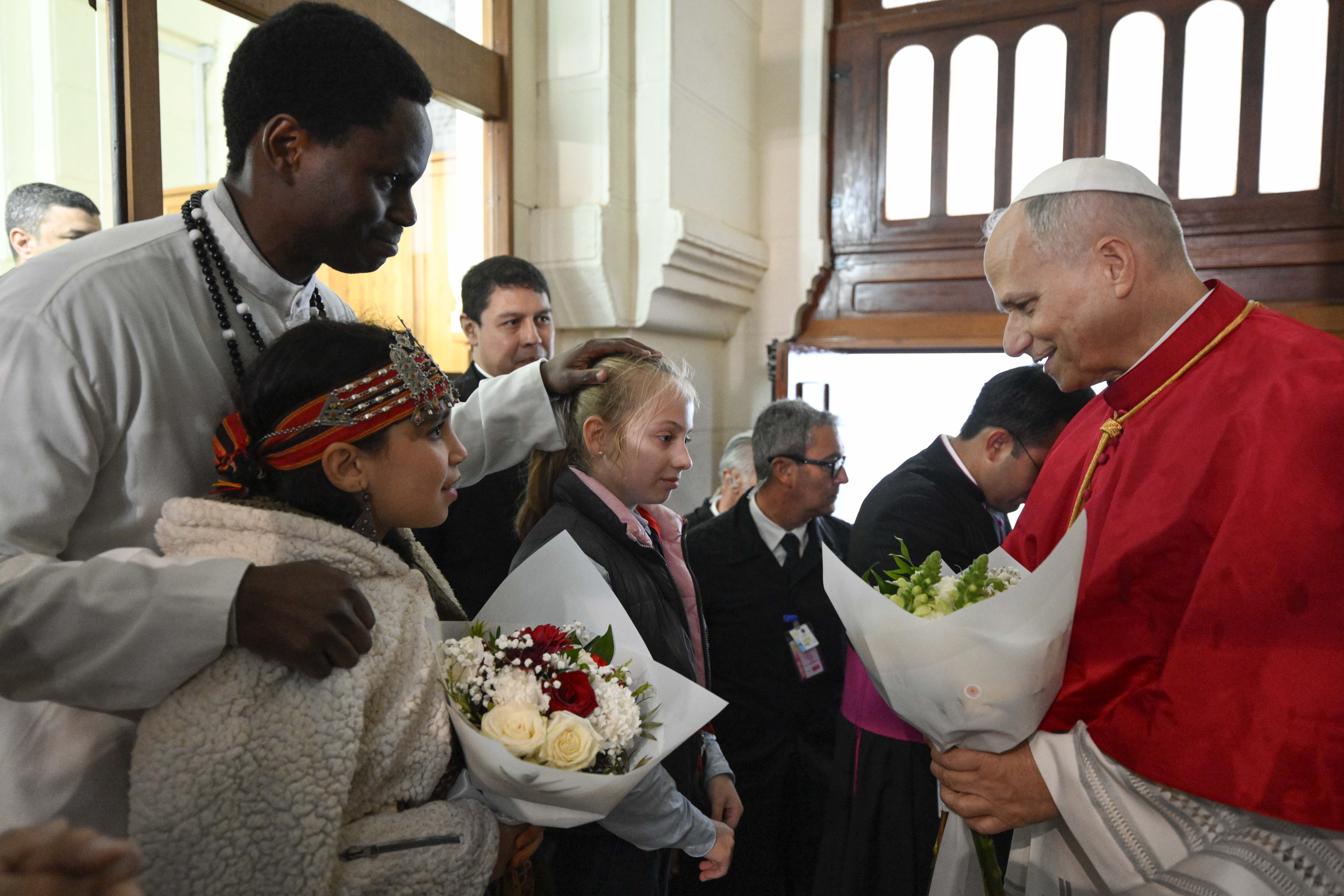 Pope Leo XIV greets young Catholics at the Basilica of Our Lady of Africa in Algiers, Algeria, Monday, April 13, 2026. | Credit: Vatican Media