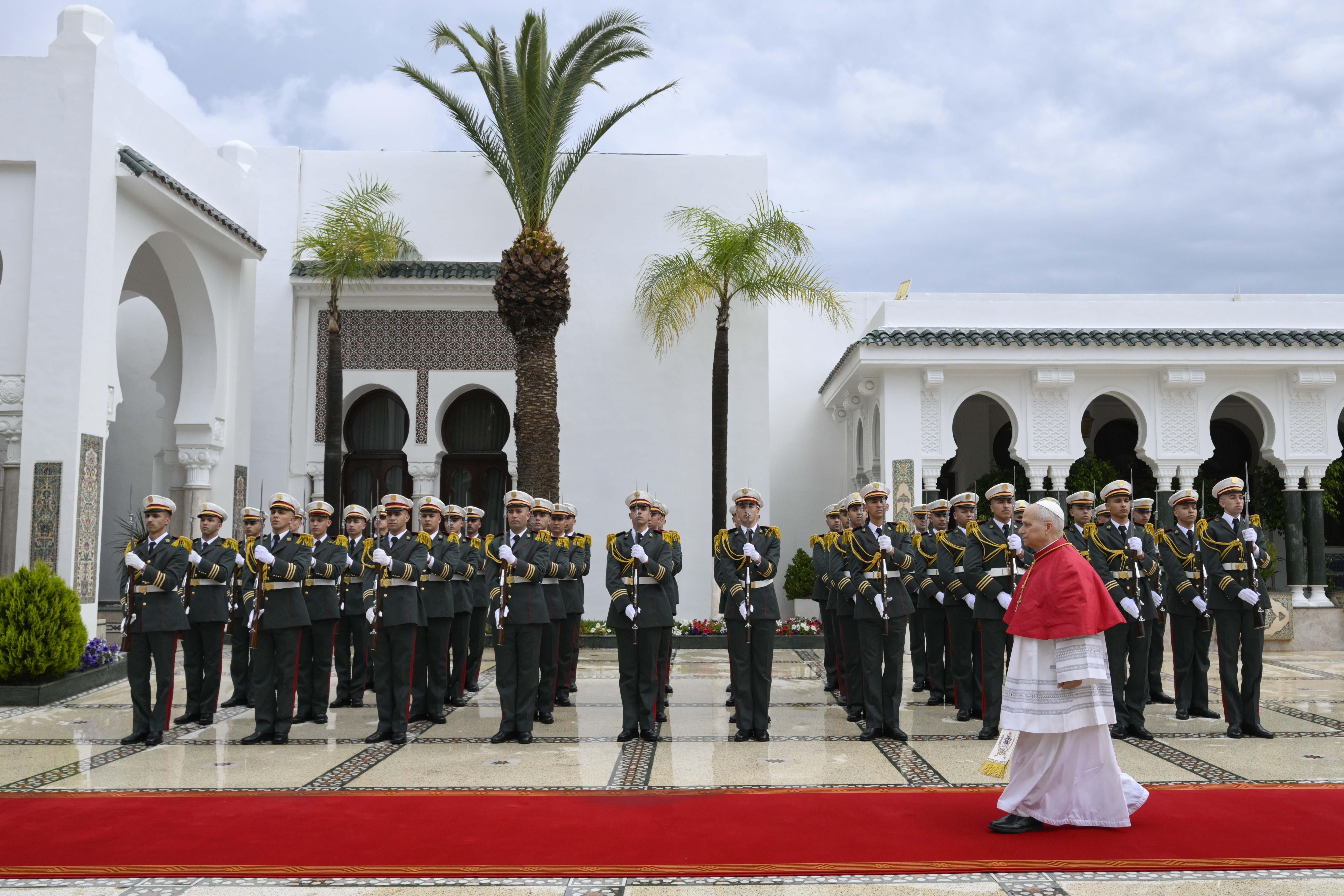 Pope Leo XIV arrives at El Mouradia Presidential Palace in Algiers, Algeria, Monday, April 13, 2026. | Credit: Vatican Media
