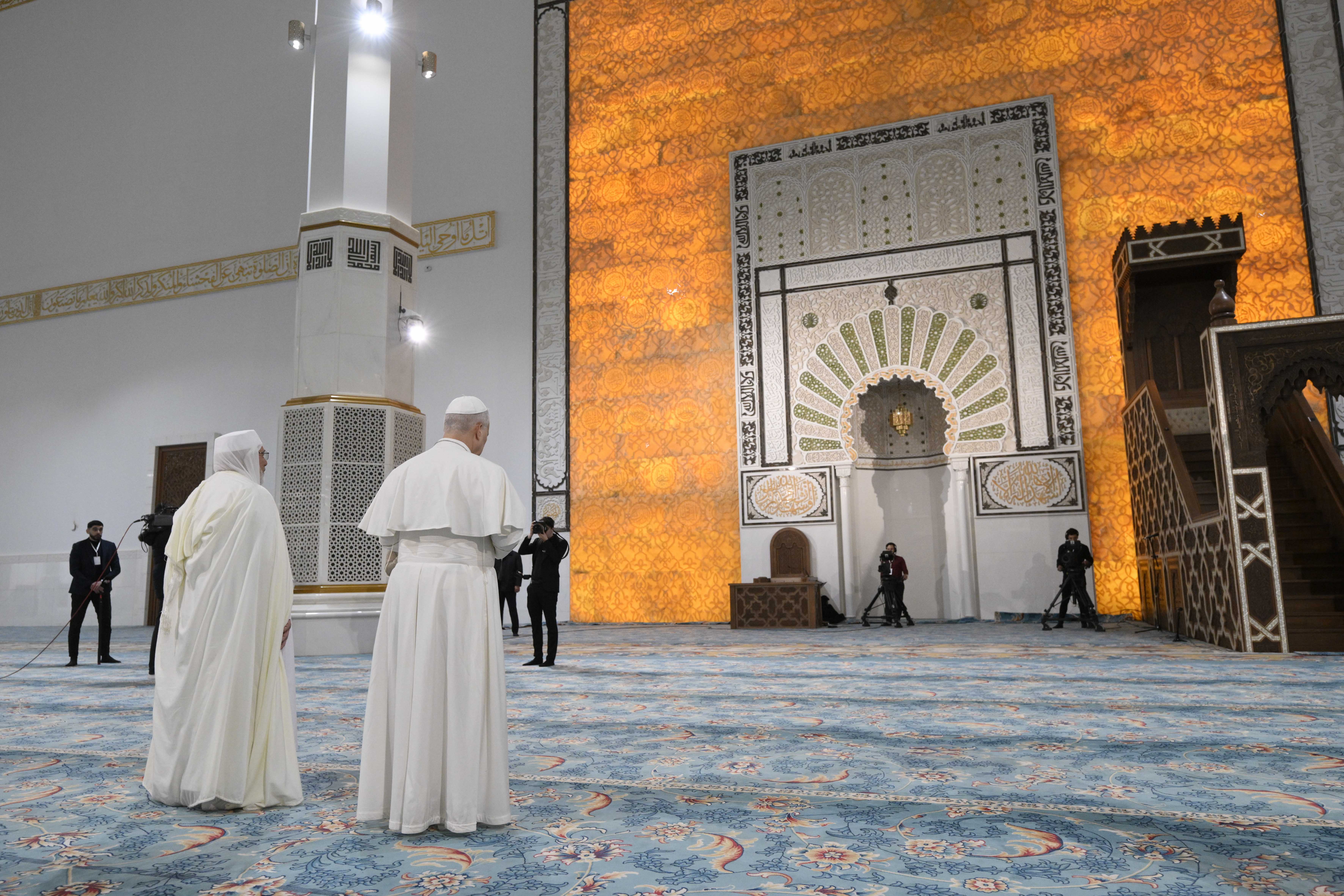 Pope Leo XIV stands with Rector Mohamed Mamoun Al Qasimi at the Great Mosque in Algiers, Monday, April 13, 2026. | Credit: Vatican Media