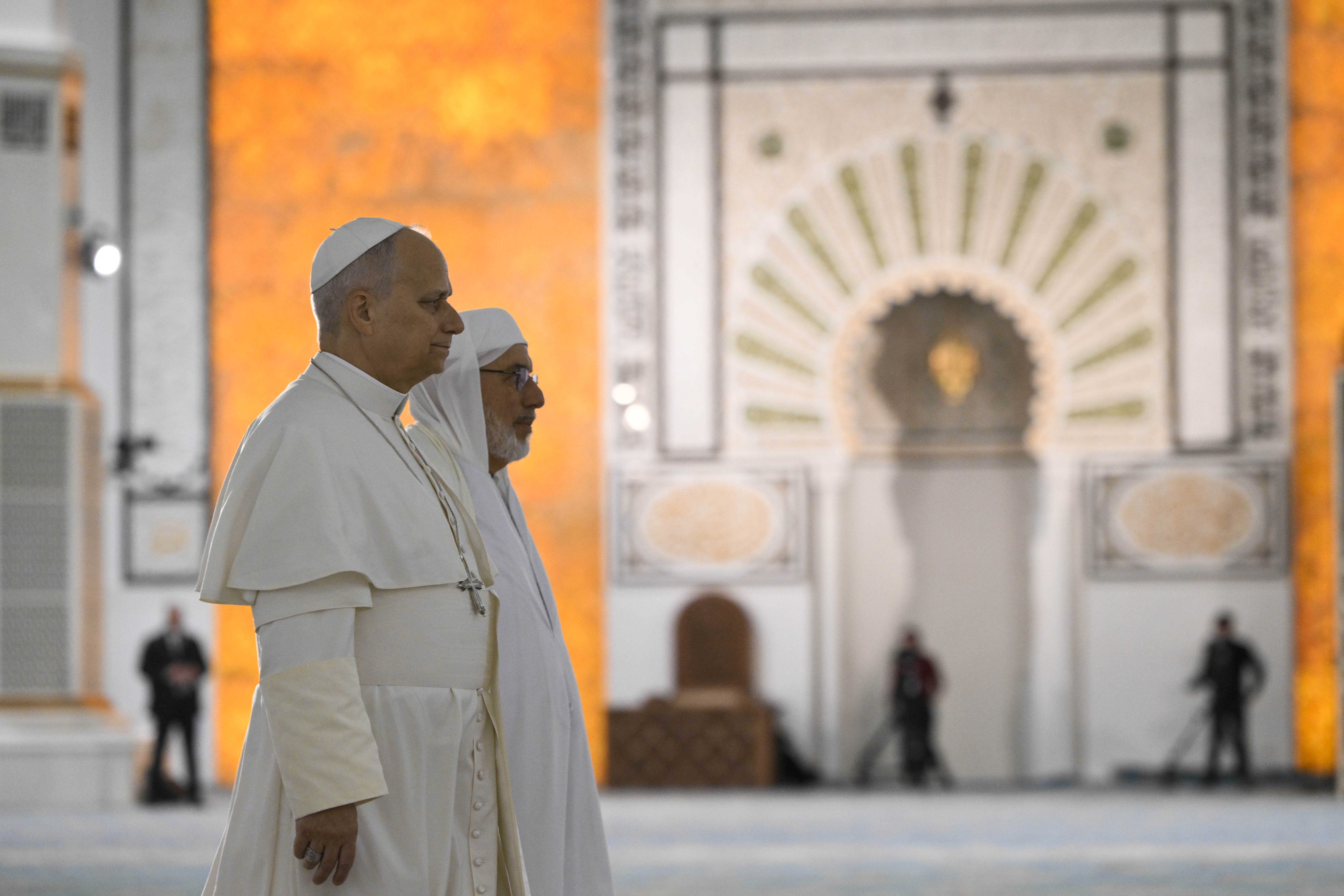 Pope Leo XIV stands with Rector Mohamed Mamoun Al Qasimi at the Great Mosque in Algiers, Monday, April 13, 2026. | Credit: Vatican Media