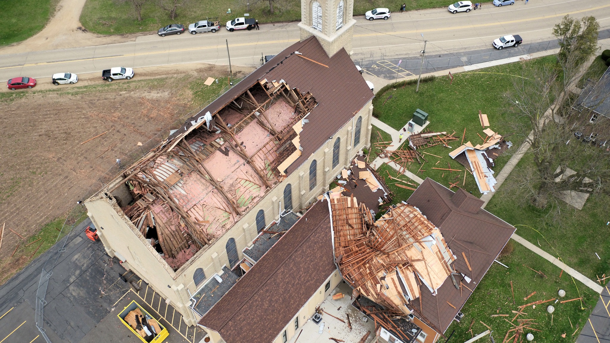 St. Joseph Catholic Church in East Bristol, Wisconsin, is seen with its roof largely destroyed after severe thunderstorms came through the area Tuesday, April 14, 2026. | Credit: Bill Ringelstetter