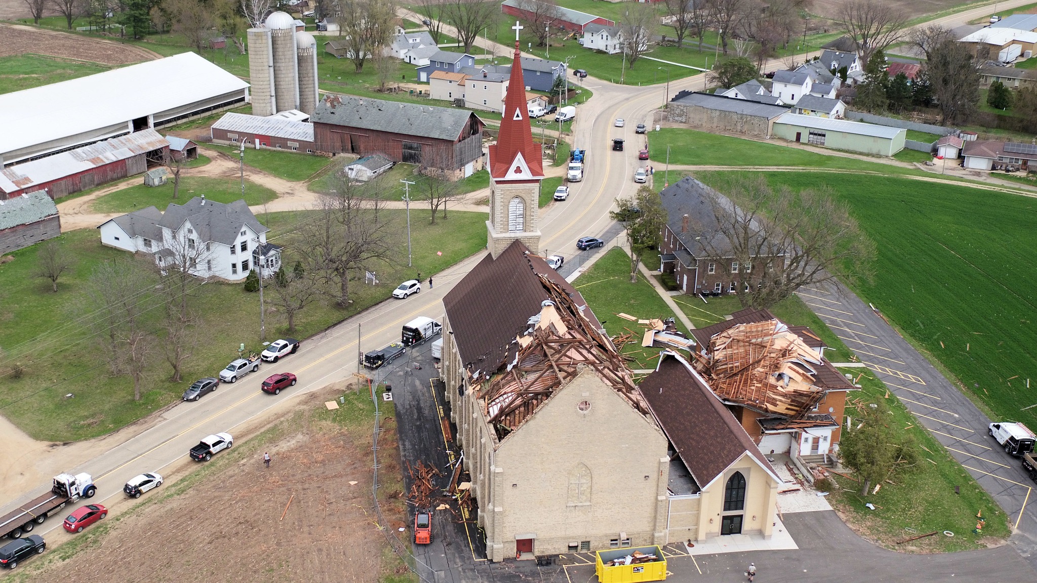 St. Joseph Catholic Church is seen in East Bristol, Wisconsin, with its roof largely destroyed after severe thunderstorms came through the area Tuesday, April 14, 2026. | Credit: Bill Ringelstetter