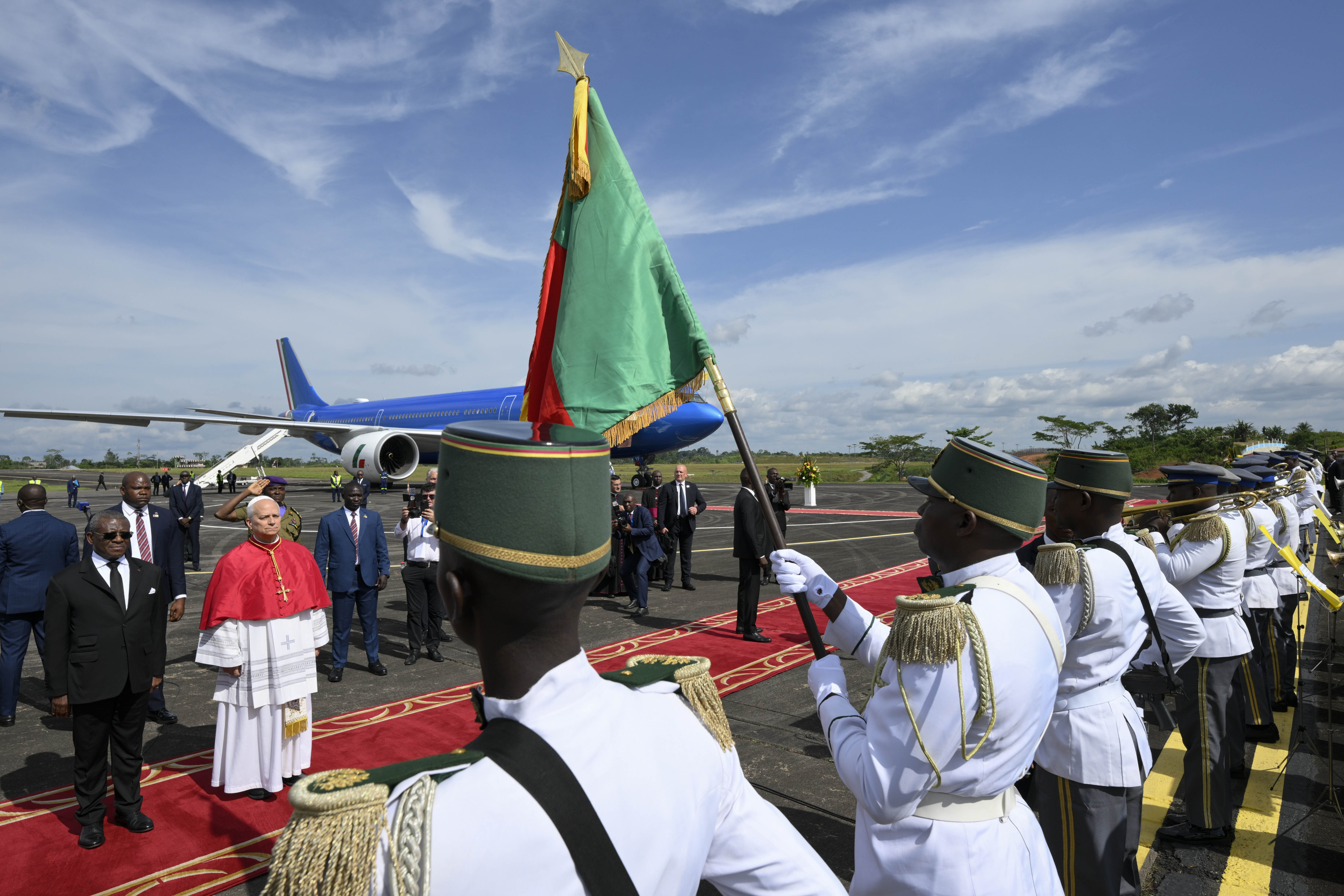 Pope Leo XIV is given a ceremonial greeting upon arriving at Yaoundé-Nsimalen International Airport near Yaoundé, Cameroon, Wednesday, April 15, 2026. | Credit: Vatican Media