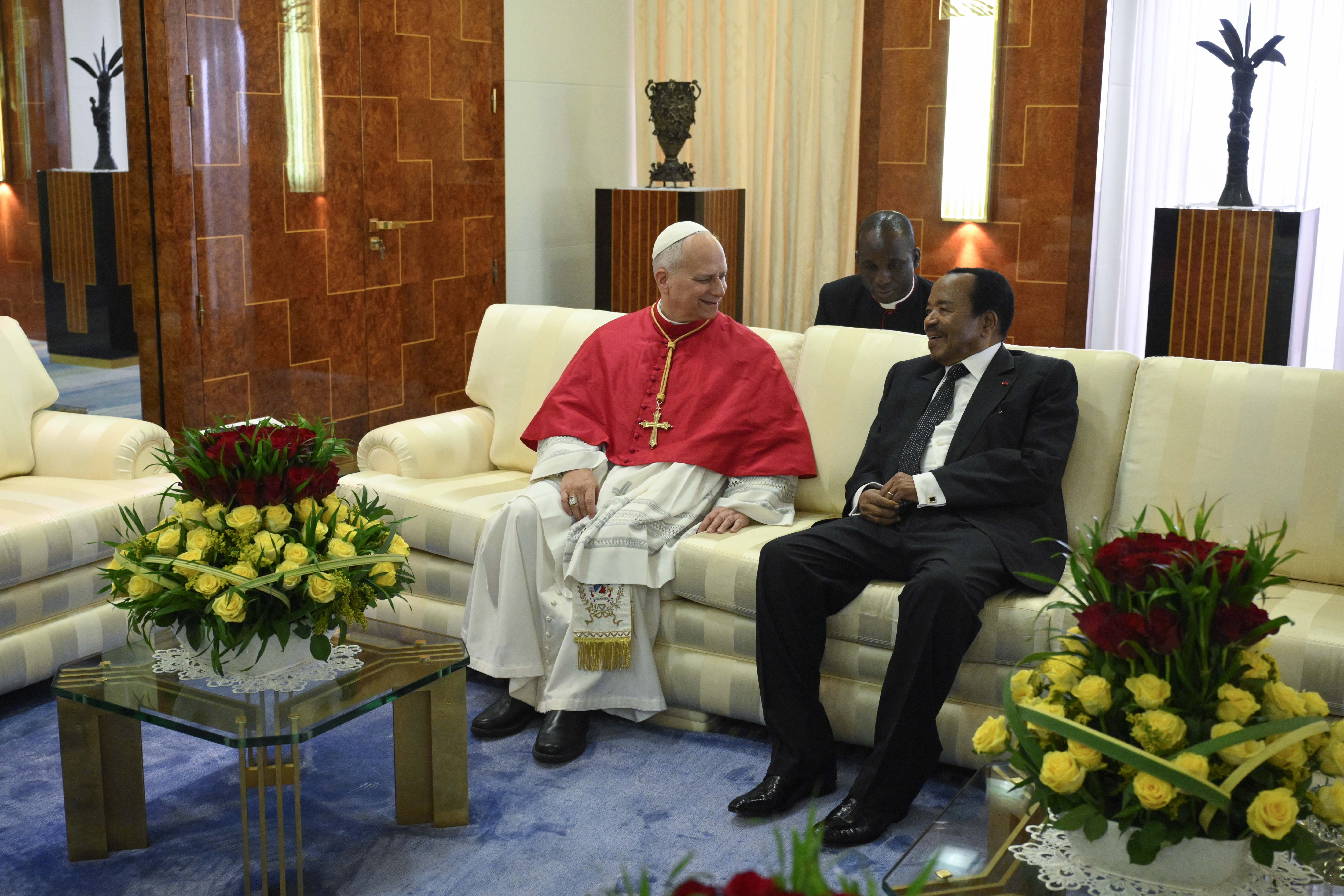 Pope Leo XIV speaks with Cameroon President Paul Biya at the Presidential Palace in Yaounde, Wednesday, April 15, 2026. | Credit: Vatican Media
