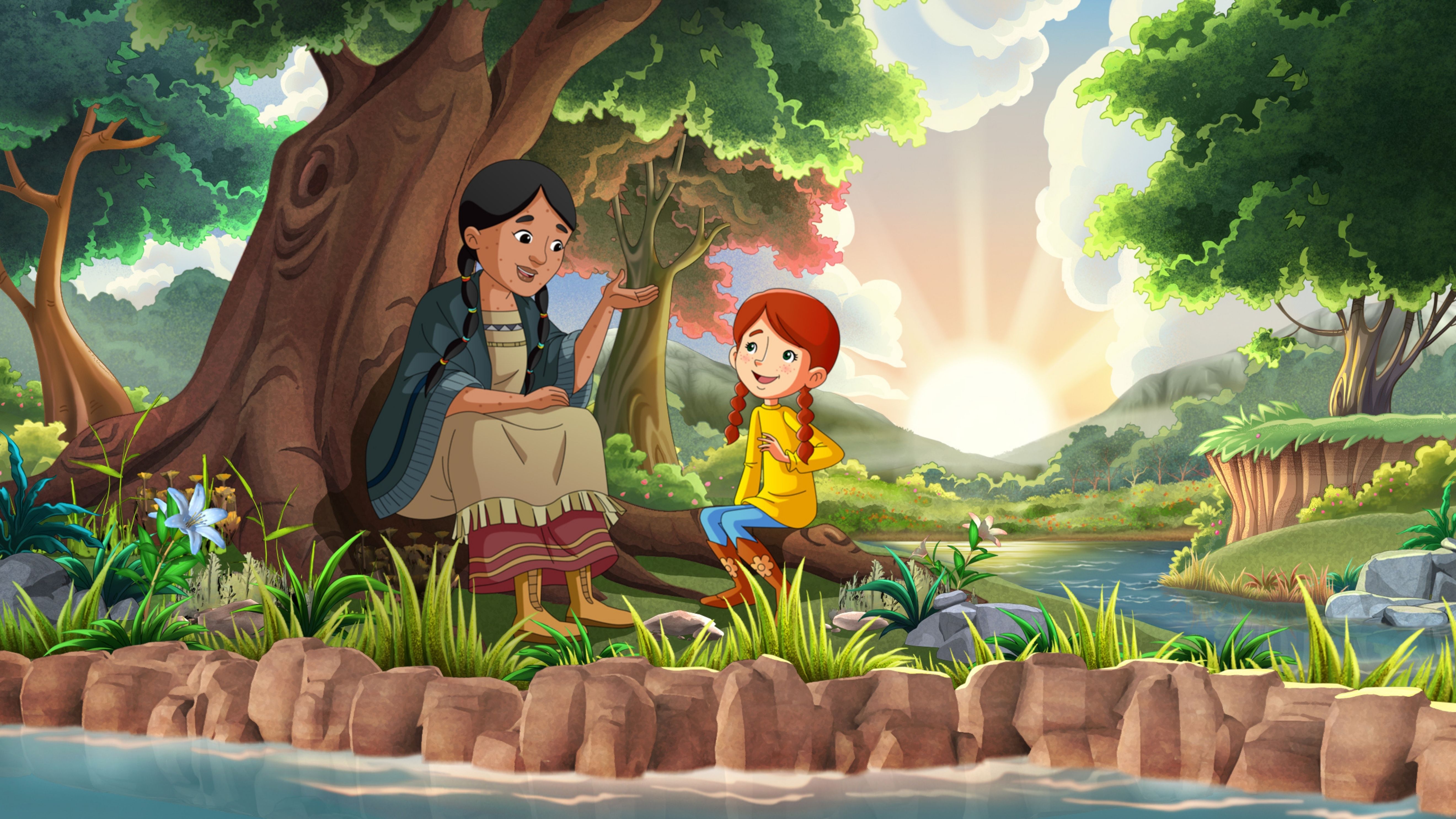 Katie meets St. Kateri Tekakwitha in an episode of “Chime Travelers.” | Credit: Family Theater Productions