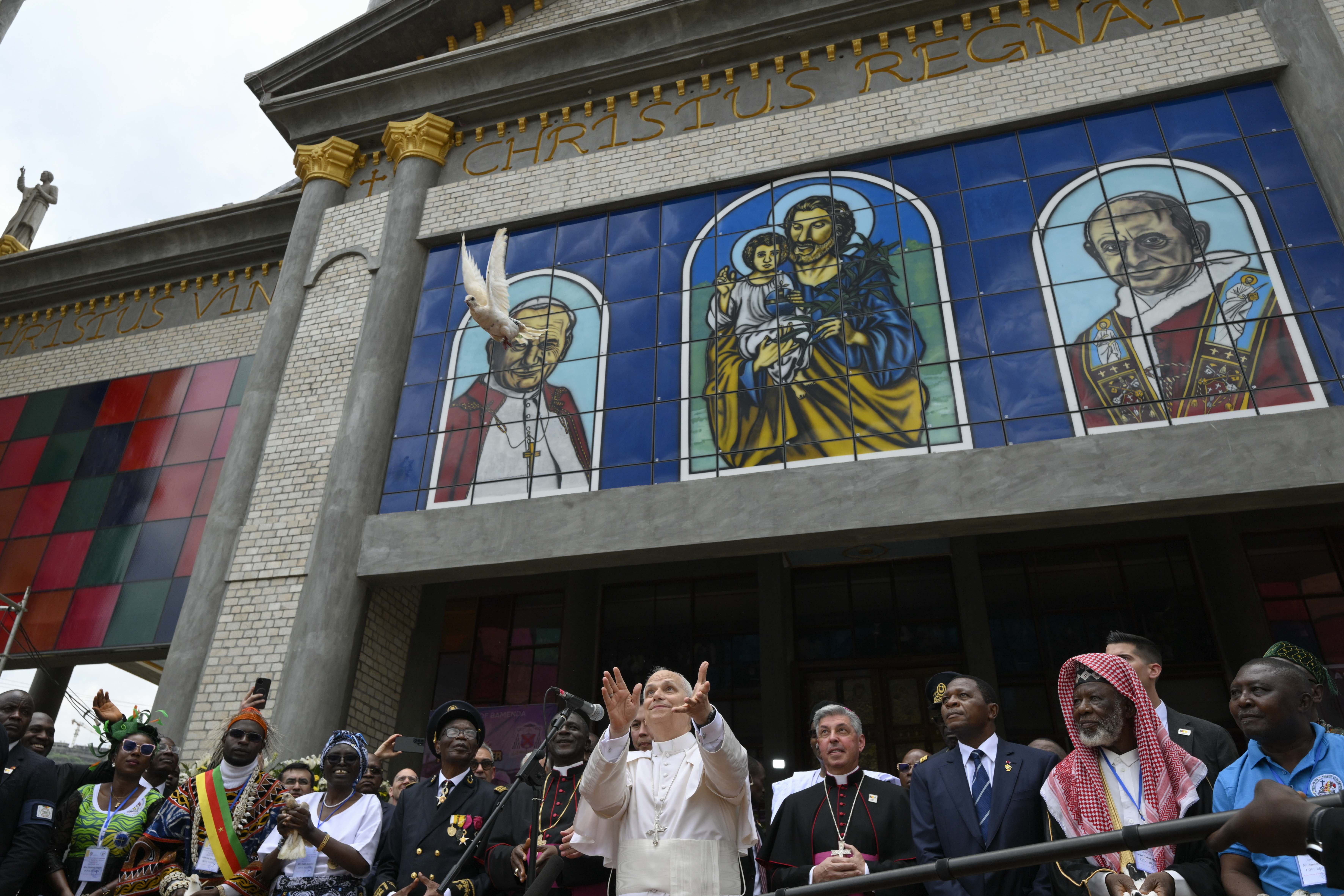 Pope Leo XIV releases a dove outside of St. Joseph Cathedral in Bamenda, Cameroon, on Thursday, April 16, 2026. | Credit: Vatican Media