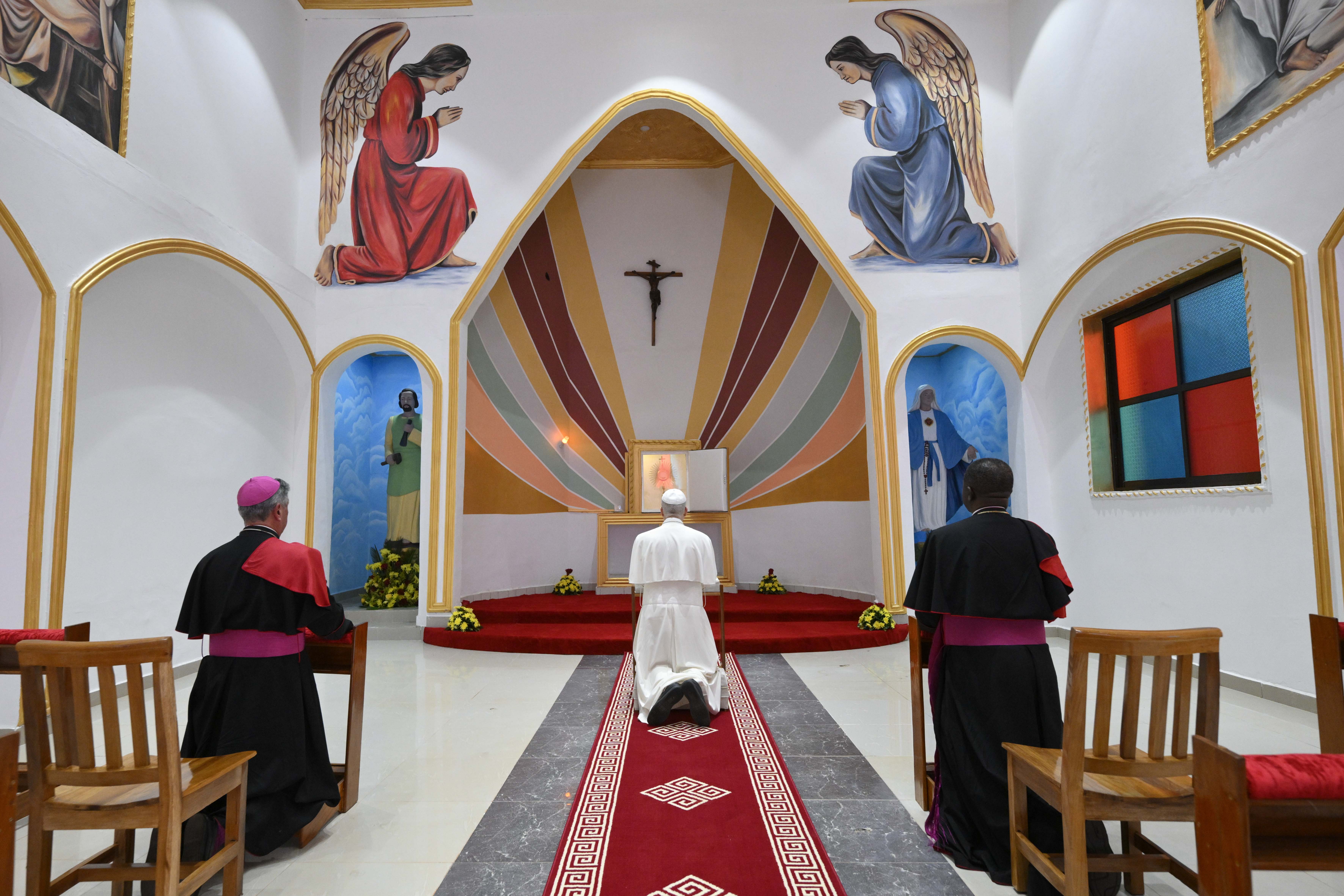 Pope Leo XIV prays in adoration before the Eucharist in the Holy Sacrament Chapel of St. Joseph Cathedral in Bamenda, Cameroon, on April 16, 2026. | Credit: Vatican Media