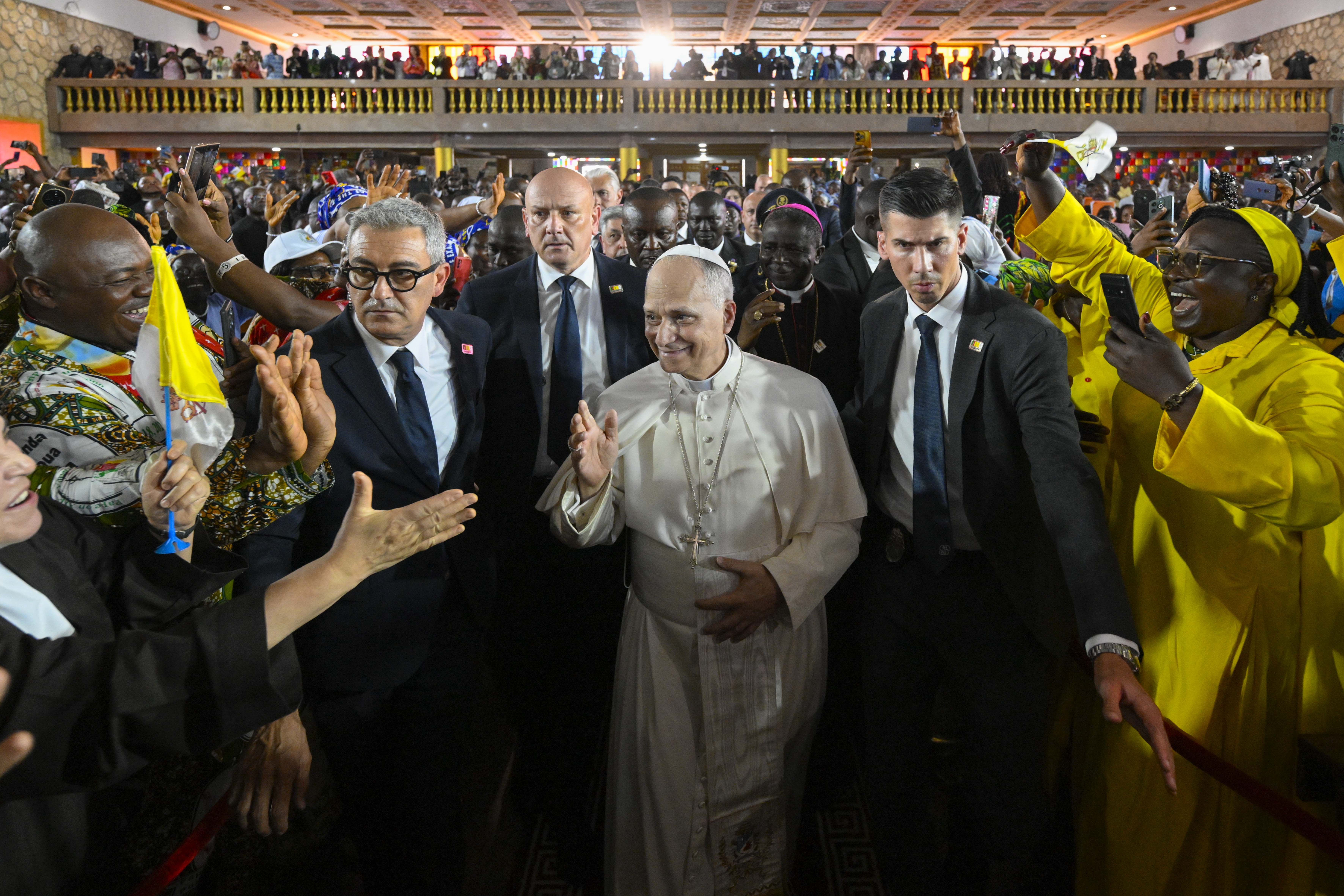 Pope Leo XIV waves to crowds at St. Joseph Cathedral in Bamenda, Cameroon, during a peace meeting on Thursday, April 16, 2026. | Credit: Vatican Media