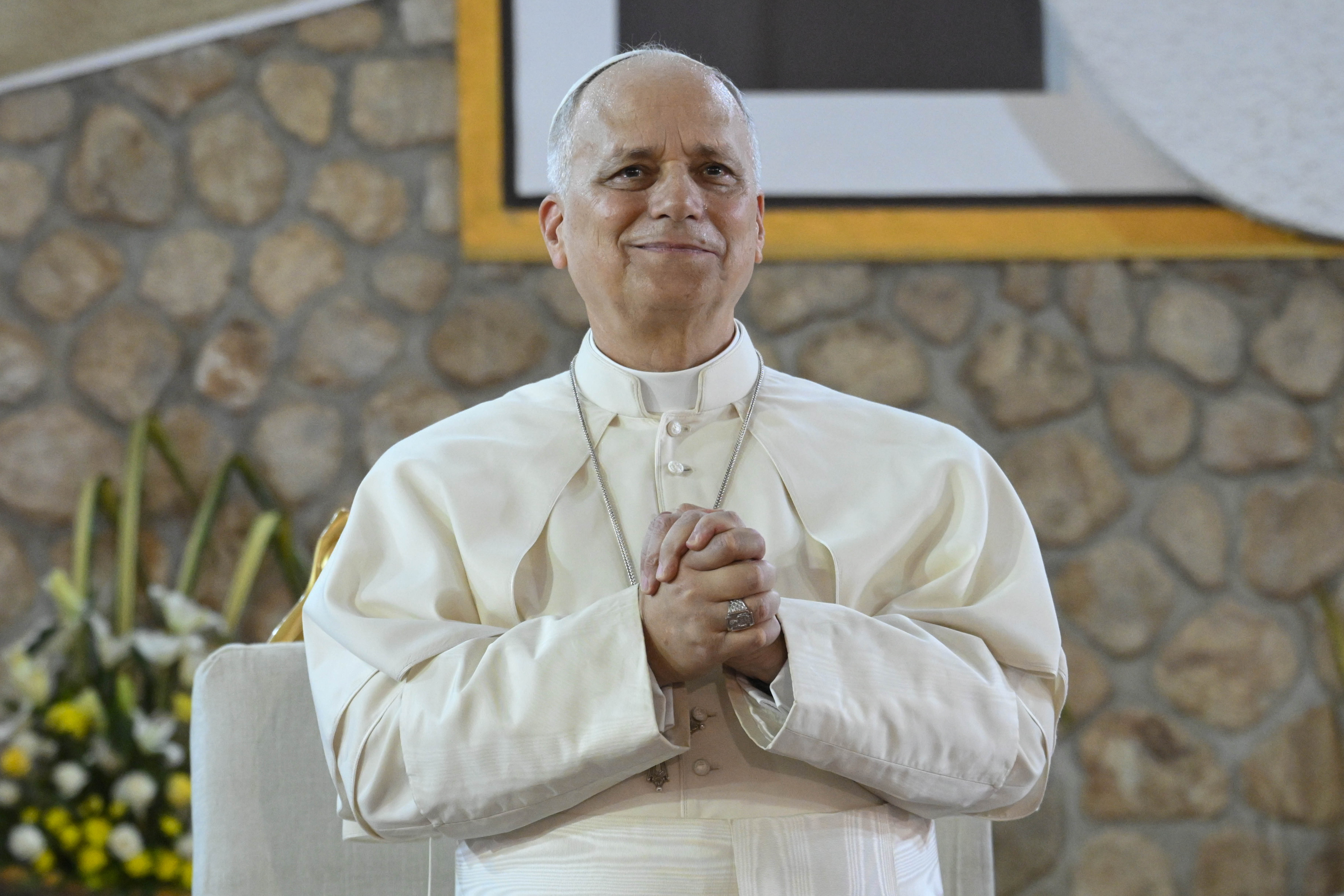 Pope Leo XIV leads a peace meeting at St. Joseph Cathedral in Bamenda, Cameroon, on Thursday, April 16, 2026. | Credit: Vatican Media