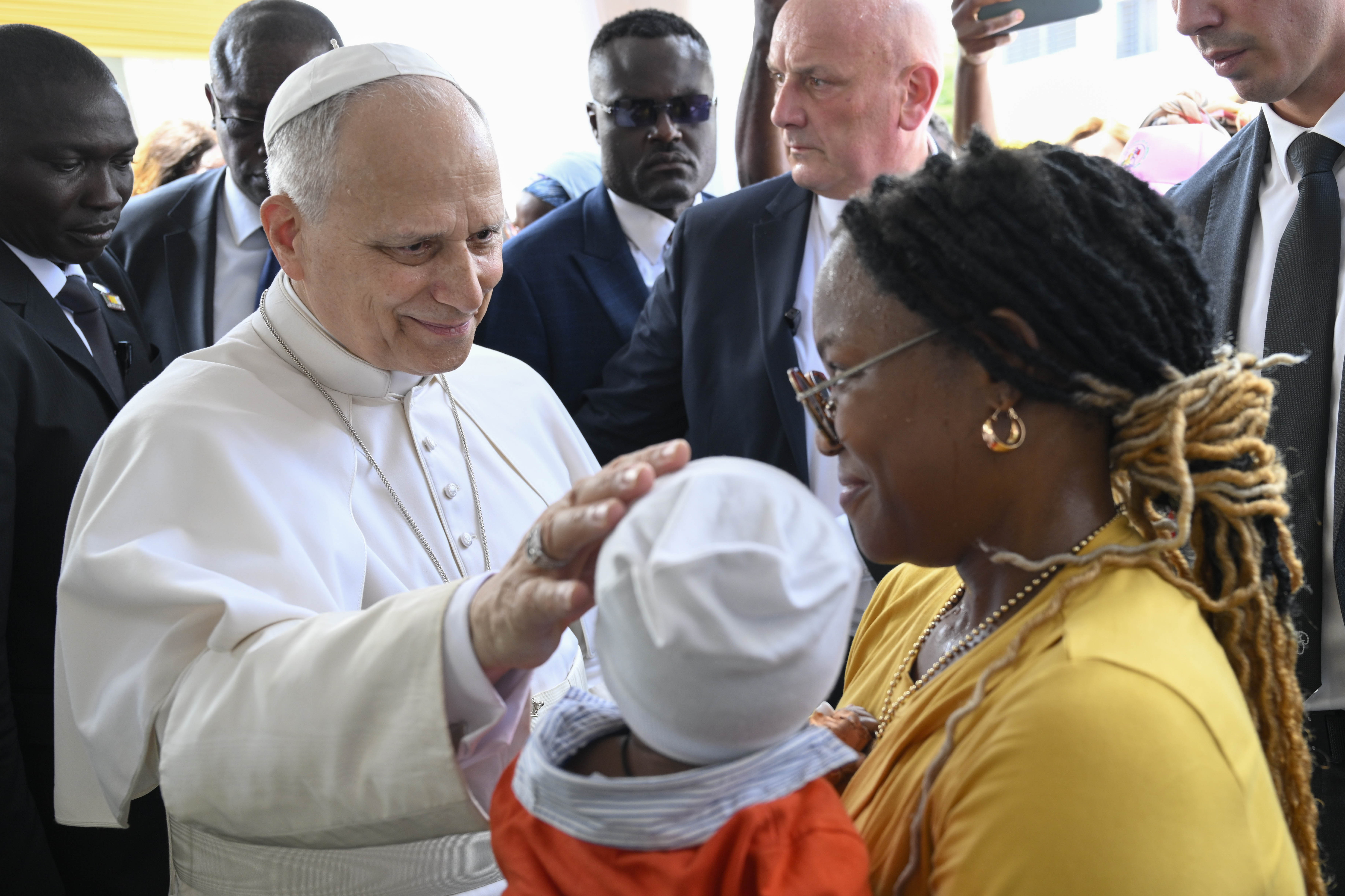 Pope Leo XIV blesses a mother and child at St. Paul Catholic Hospital in Douala, Cameroon, on Friday, April 17, 2026. | Credit: Vatican Media