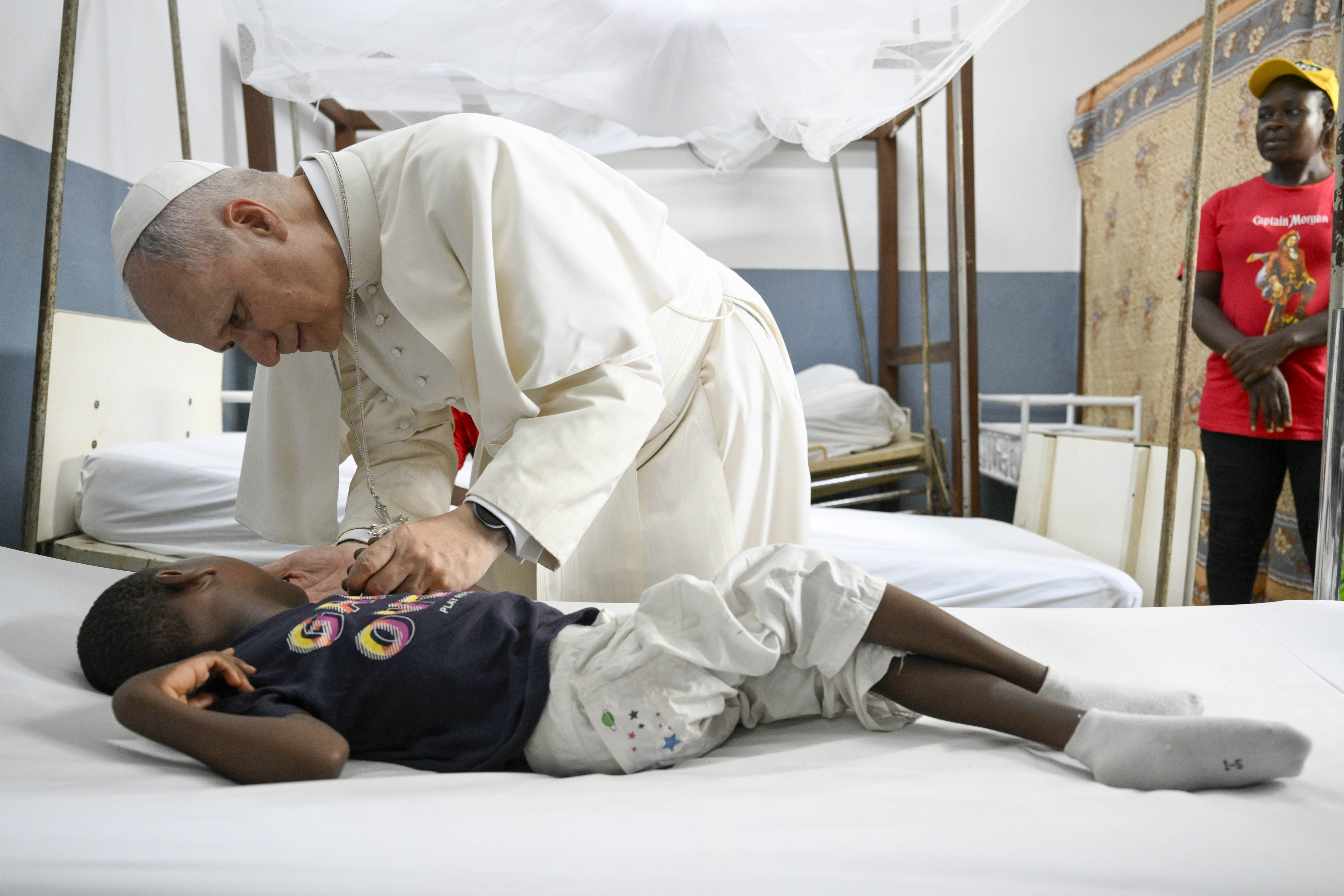 Pope Leo XIV blesses a child at St. Paul Catholic Hospital in Douala, Cameroon, on Friday, April 17, 2026. | Credit: Vatican Media