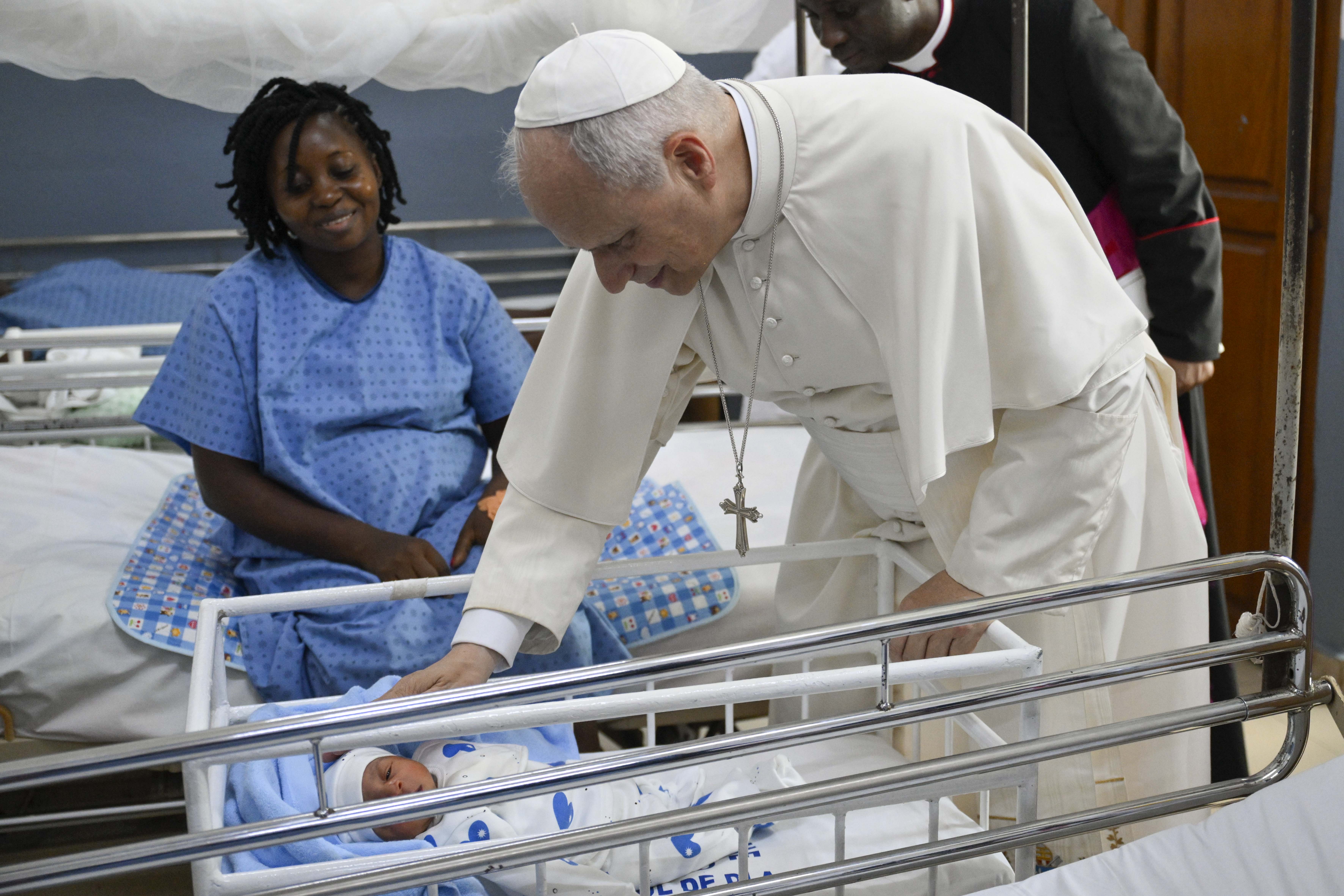 Pope Leo XIV blesses a newborn at St. Paul Catholic Hospital in Douala, Cameroon, on Friday, April 17, 2026. | Credit: Vatican Media