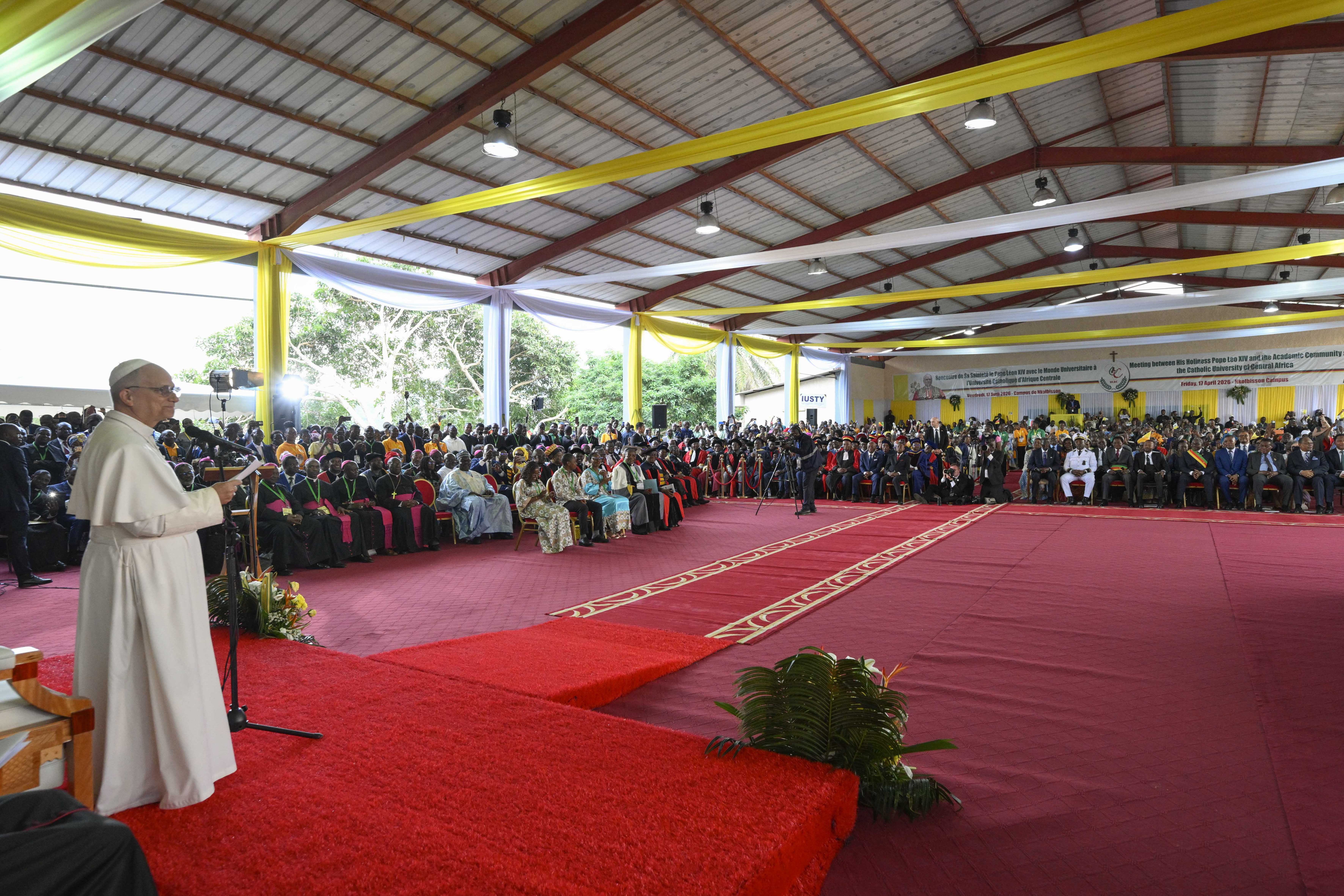 Pope Leo XIV addresses students, faculty, and others during a visit to the Catholic Academic Institution of Central Africa (UCAC) in Yaoundé, Cameroon, on April 17, 2026. | Credit: Vatican Media