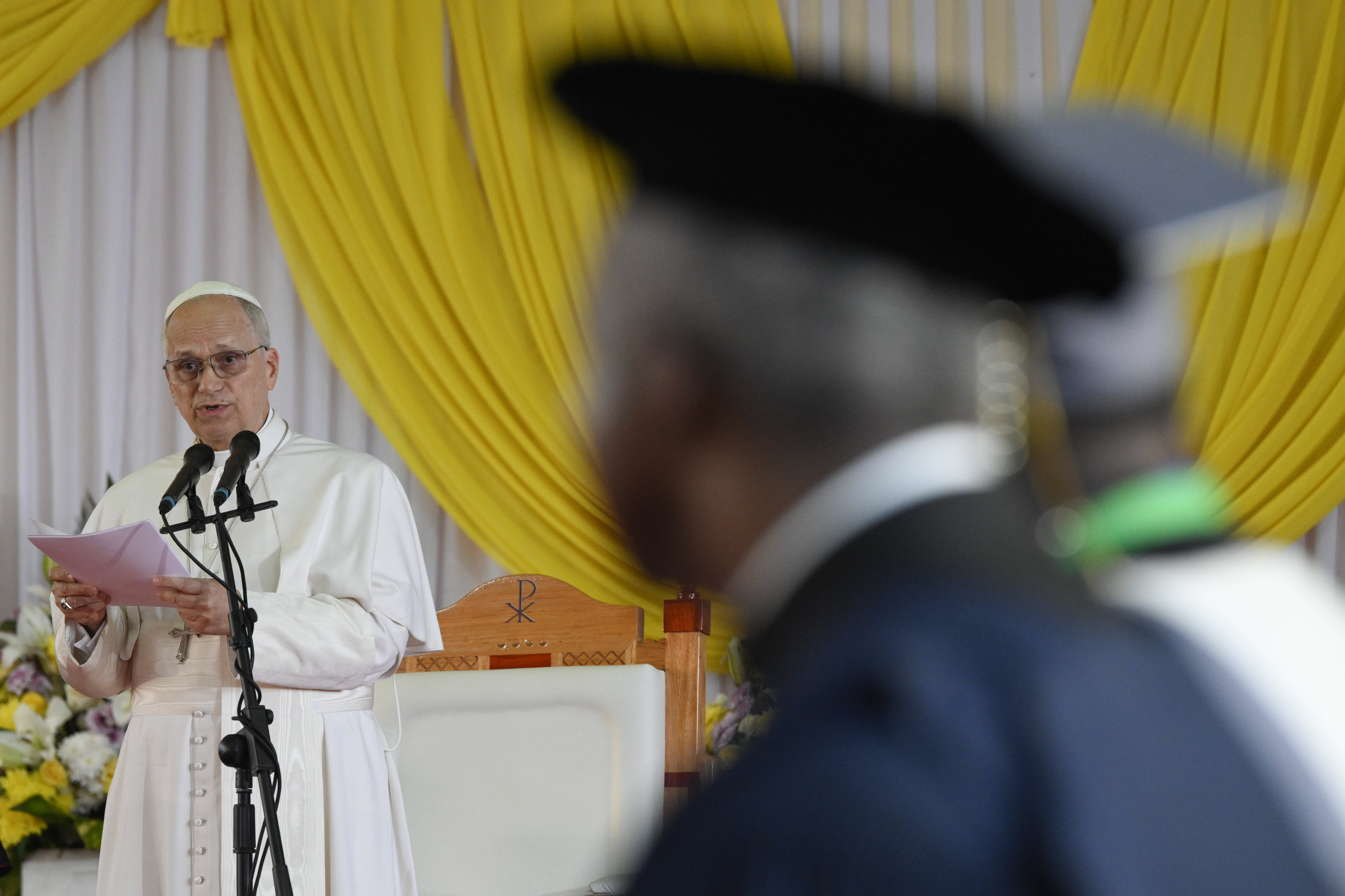 Pope Leo XIV speaks to students and dignitaries at the Catholic University of Central Africa in Yaoundé, Cameroon, on Friday, April 17, 2026. | Credit: Vatican Media