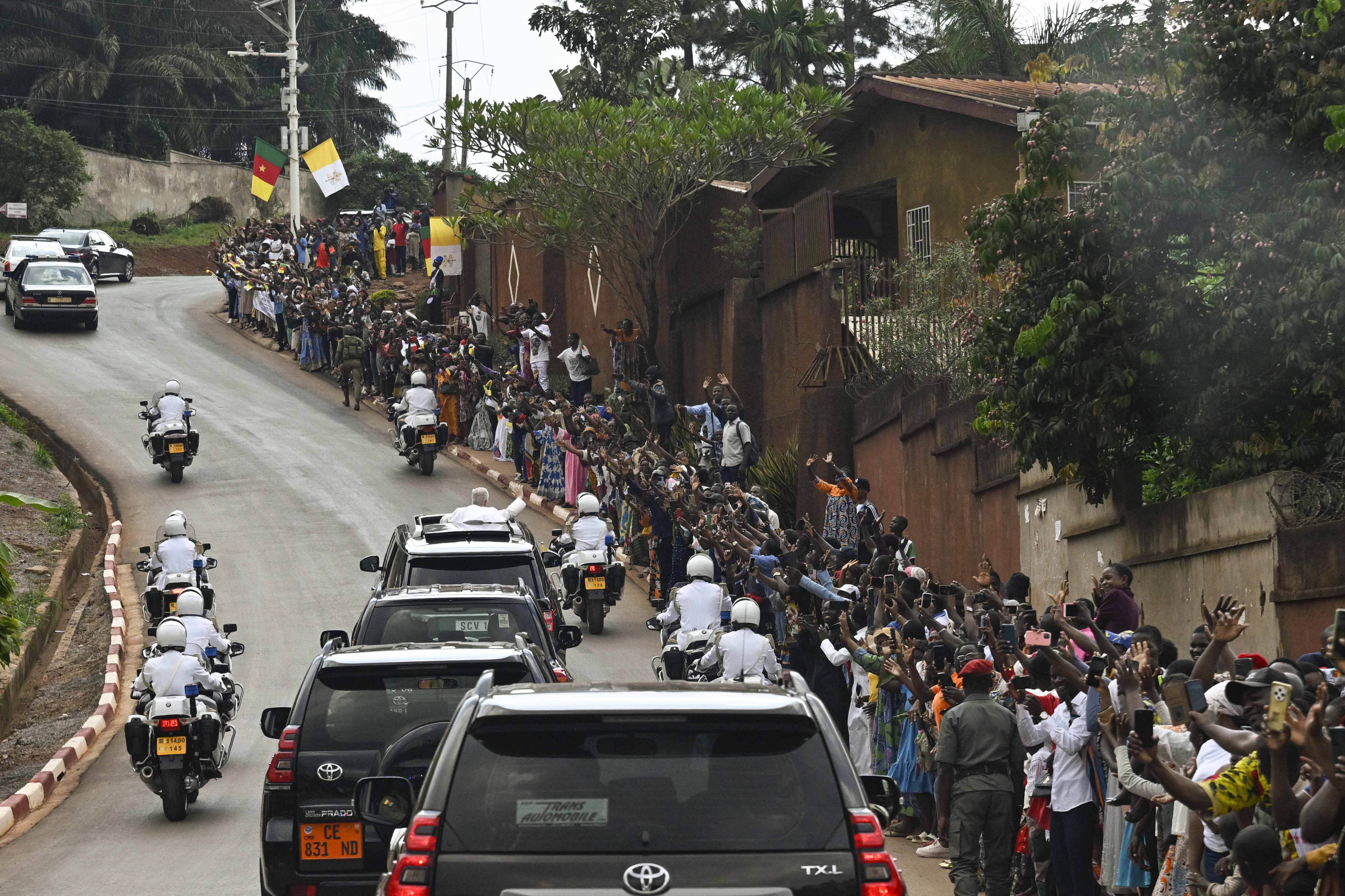 Pope Leo XIV waves to crowds in Yaoundé, Cameroon, on Friday, April 17, 2026. | Credit: Vatican Media
