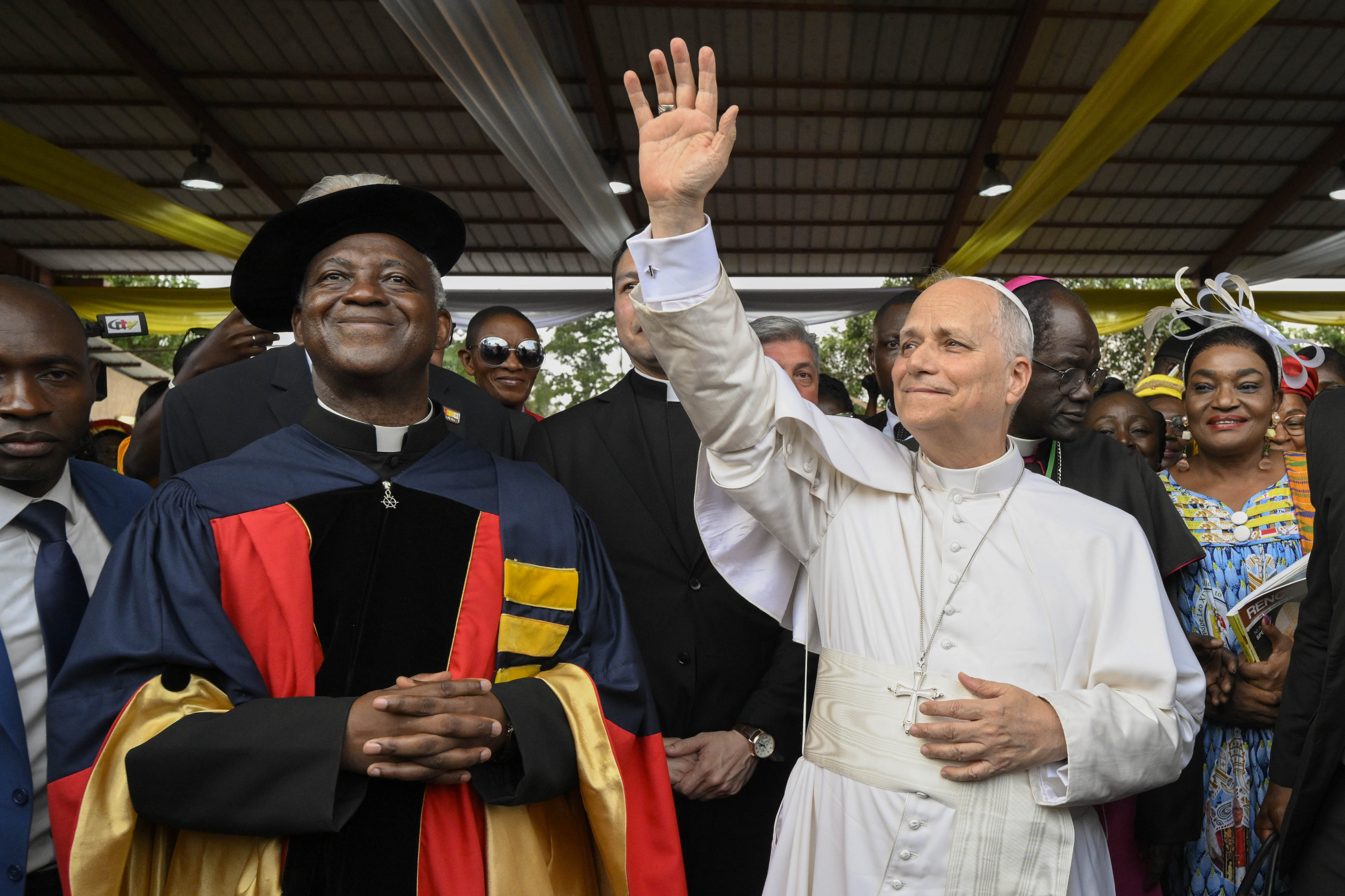 Pope Leo XIV greets crowds at the Catholic University of Central Africa in Yaoundé, Cameroon, on Friday, April 17, 2026. | Credit: Vatican Media