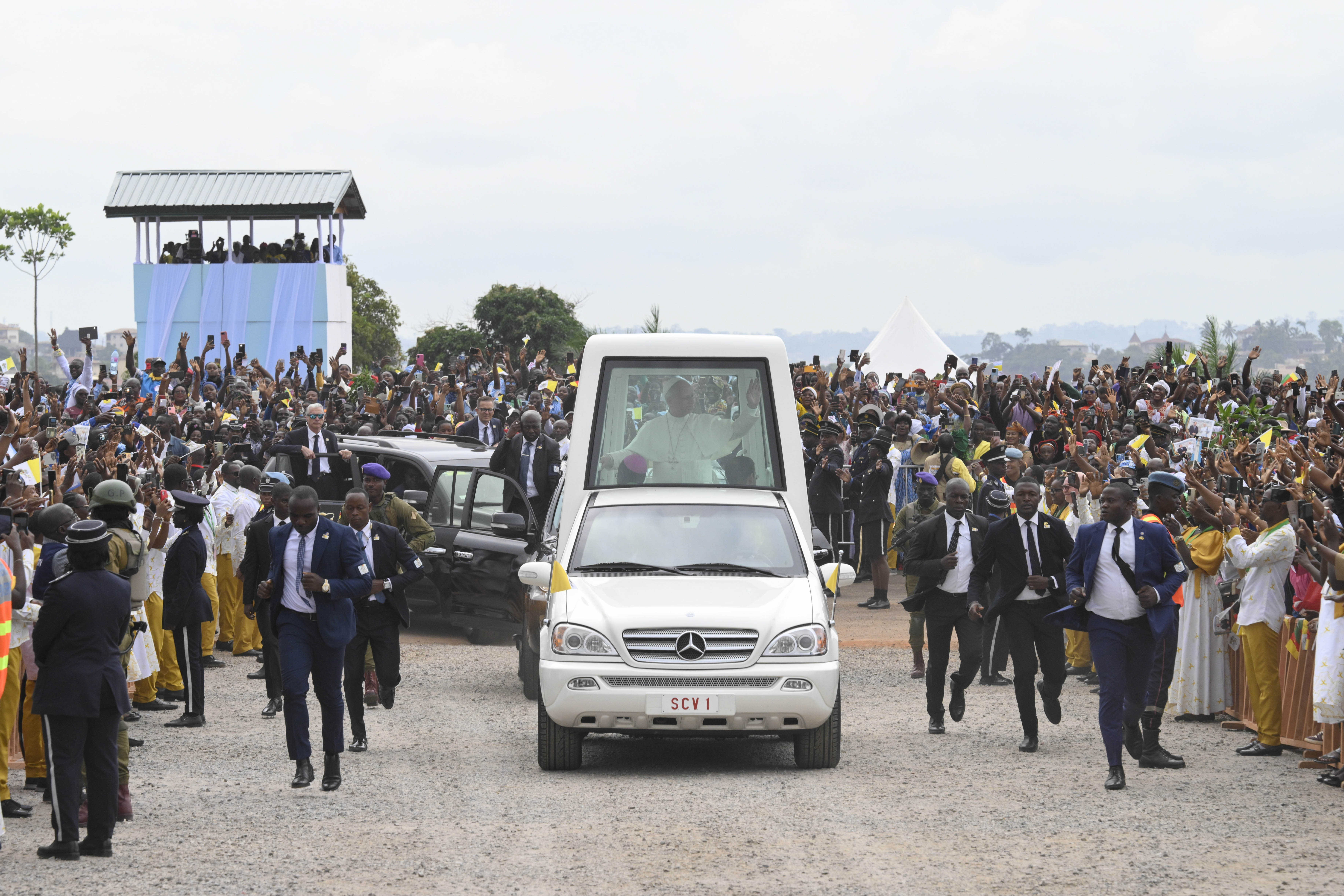 Pope Leo XIV waves to Catholics while at Yaoundé-Ville Airport to say Holy Mass, Cameroon, Saturday, April 18, 2026. | Credit: Vatican Media