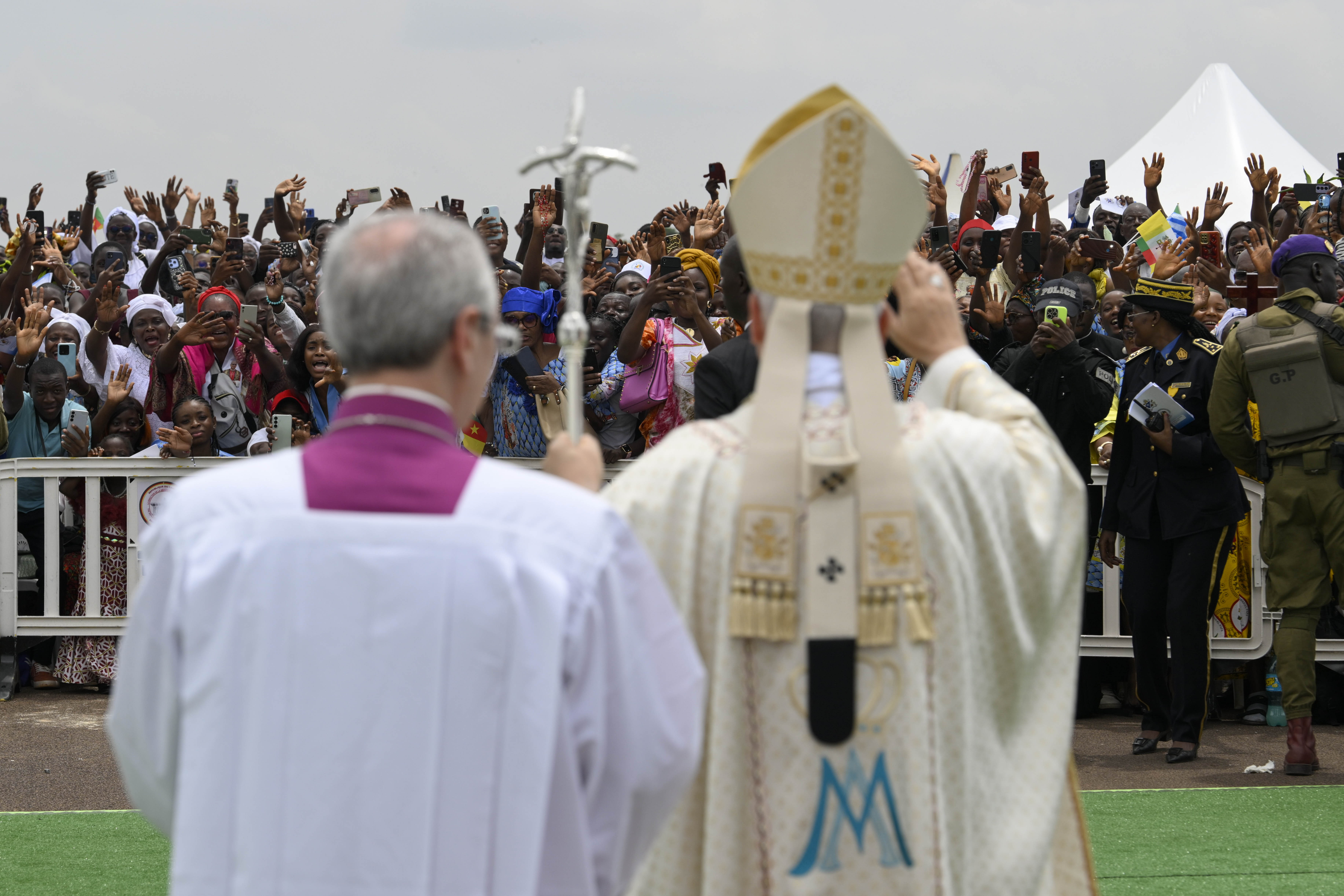 Pope Leo XIV waves to Catholics during Holy Mass at Yaoundé-Ville Airport in Cameroon, Saturday, April 18, 2026. | Credit: Vatican Media