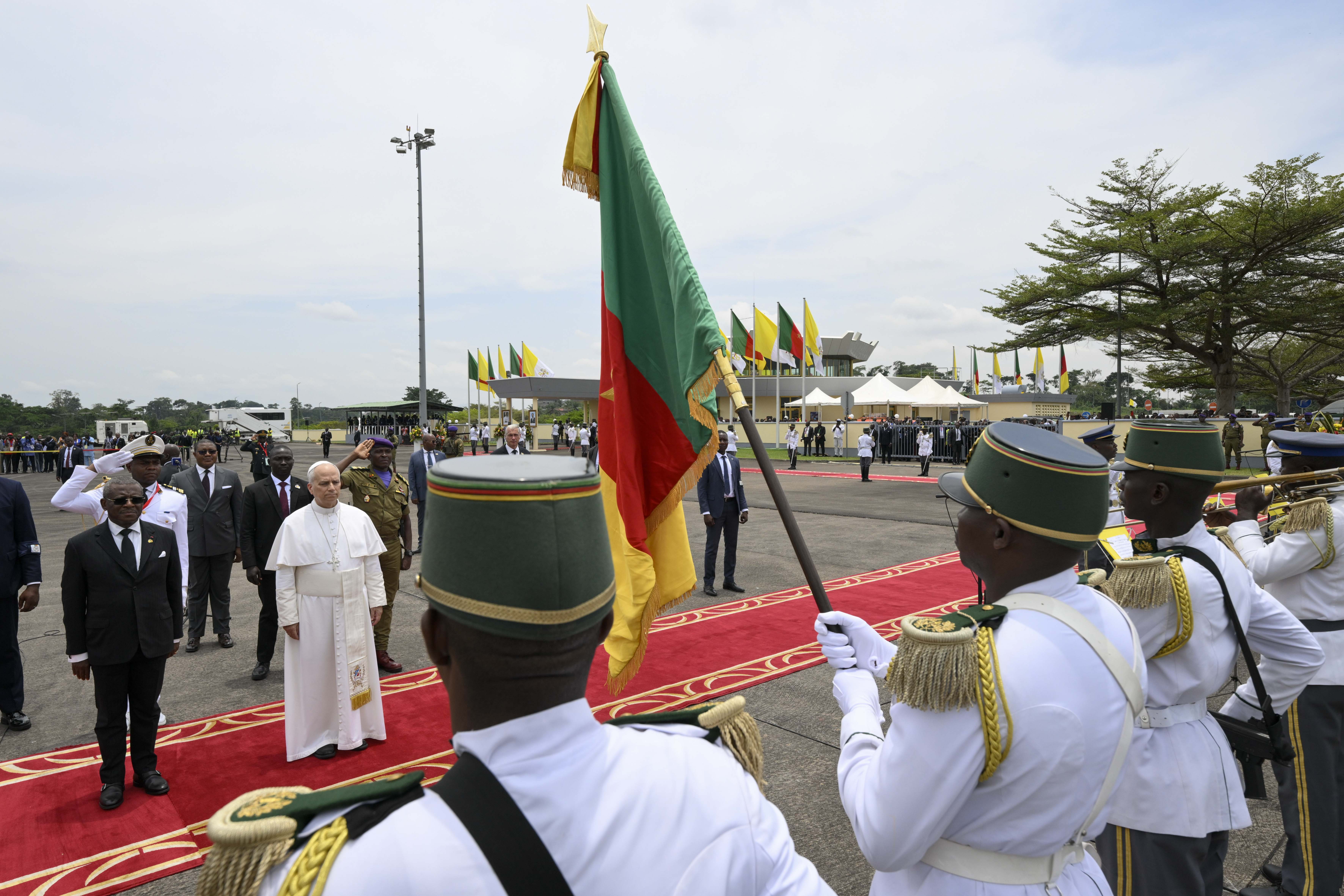 Pope Leo XIV views a farewell ceremony at Yaoundé-Nsimalen International Airport in Cameroon, Saturday, April 18, 2026. | Credit: Vatican Media
