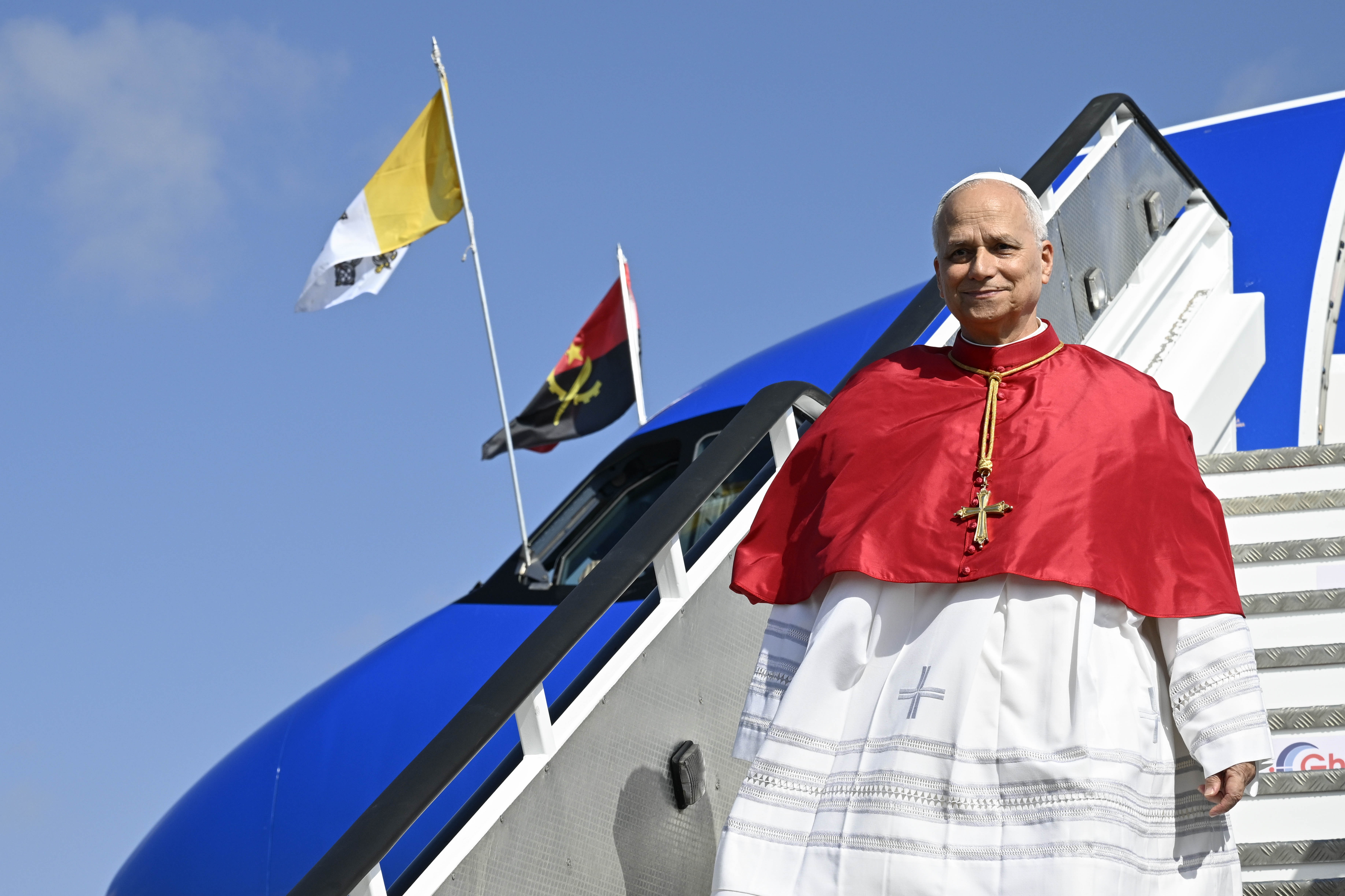 Pope Leo XIV deboards the papal plane at Quatro de Fevereiro Airport in Luanda, Angola, Saturday, April 18, 2026. | Credit: Vatican Media