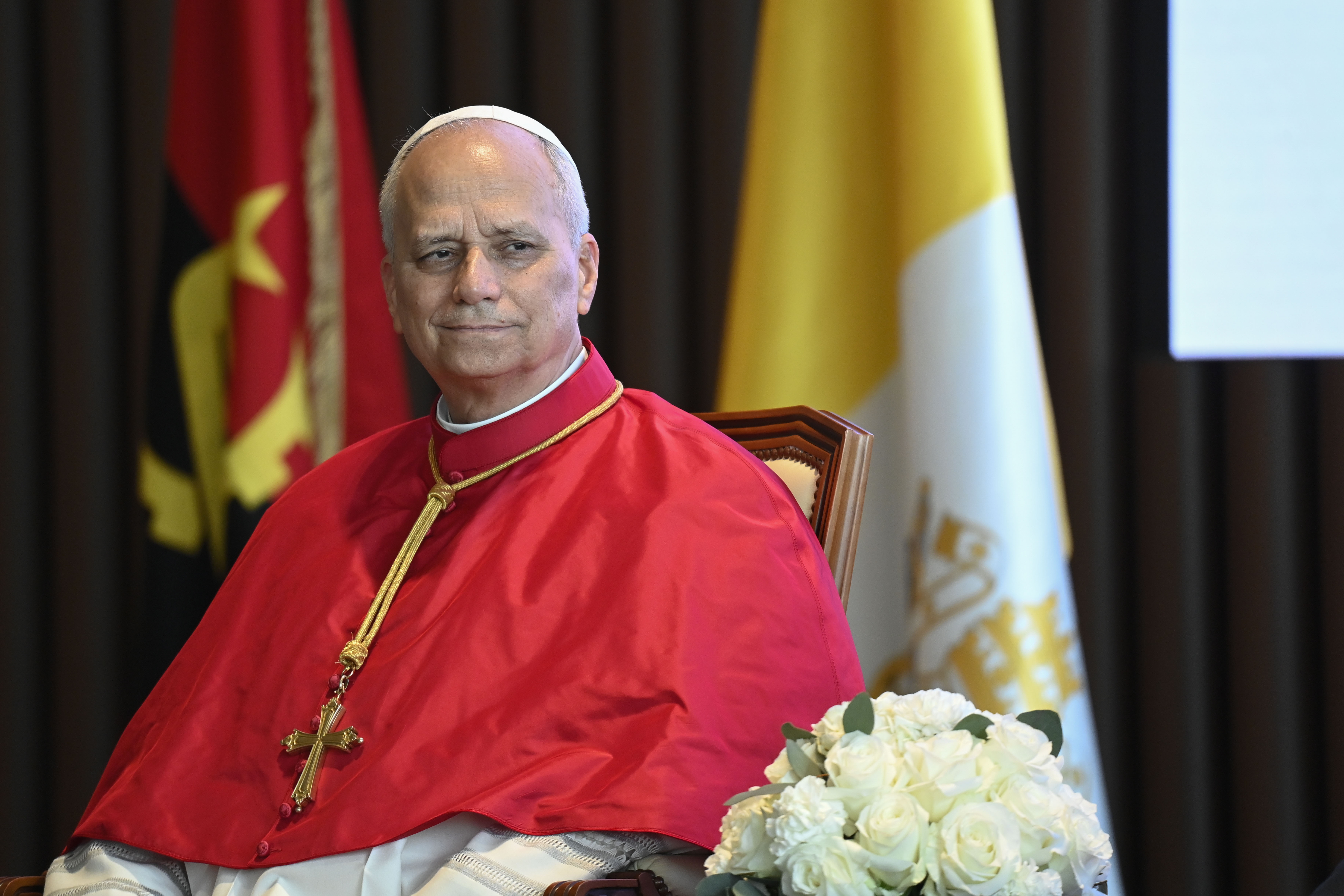 Pope Leo XIV sits during a meeting with government officials and civil leaders in Luanda, Angola, Saturday, April 18, 2026. | Credit: Vatican Media