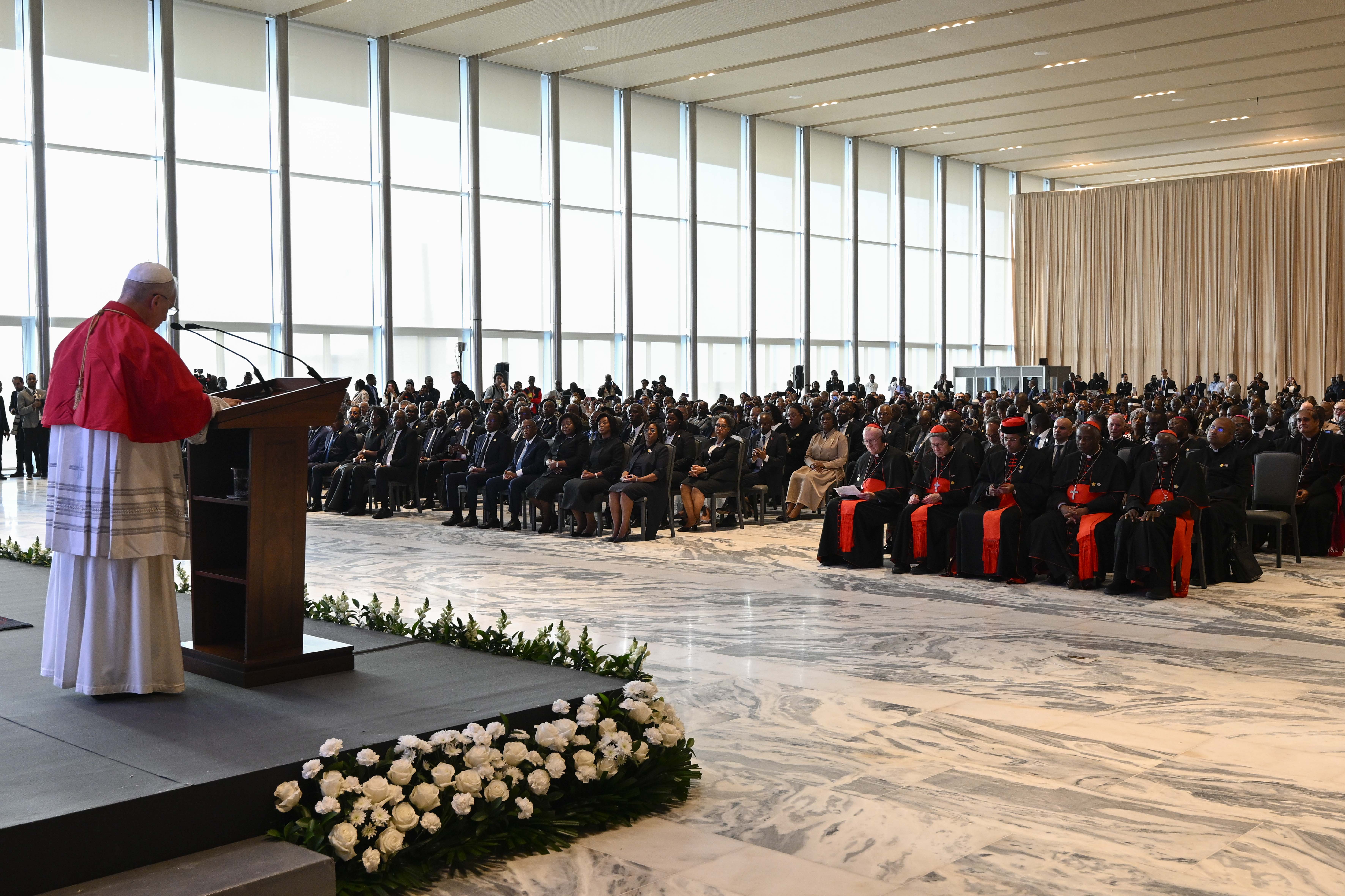 Pope Leo XIV speaks to government officials and civil leaders in Luanda, Angola, Saturday, April 18, 2026. | Credit: Vatican Media