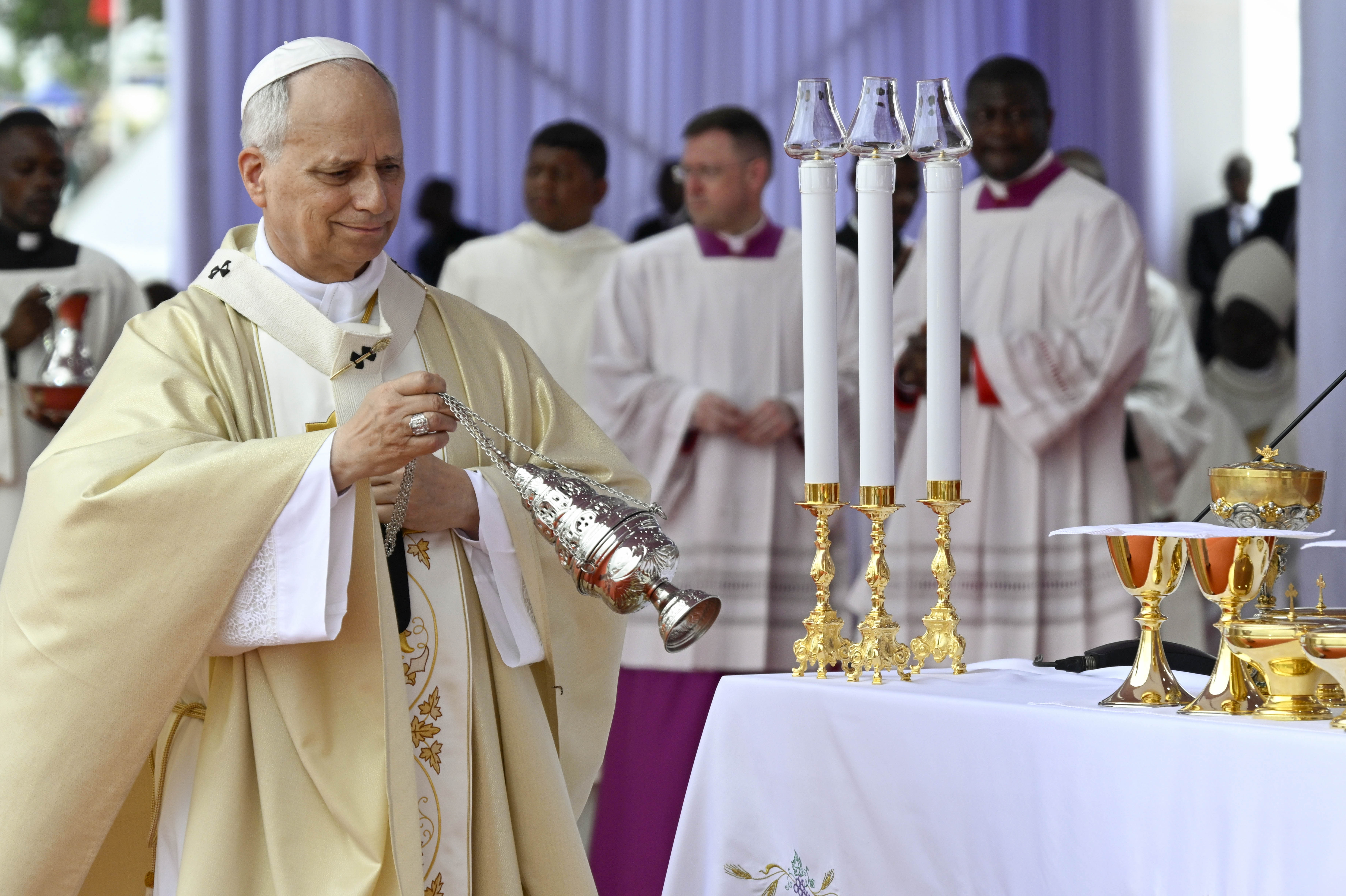 Pope Leo XIV incenses the altar during Mass in Kilamba, Angola, on April 19, 2026. | Credit: Vatican Media