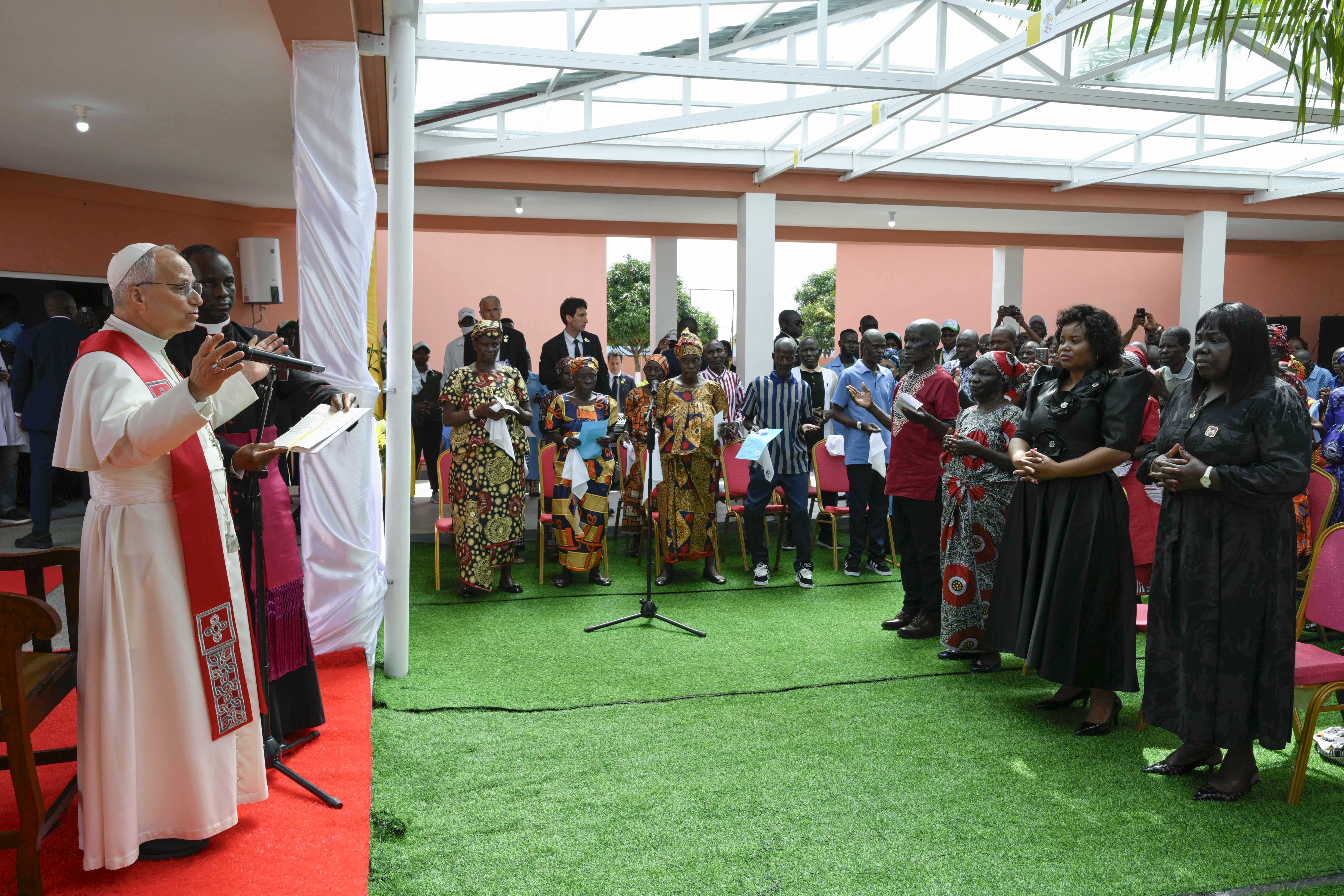 Pope Leo XIV addresses the audience during his visit to a nursing home in Saurimo, Angola, on April 20, 2026. | Credit: Vatican Media