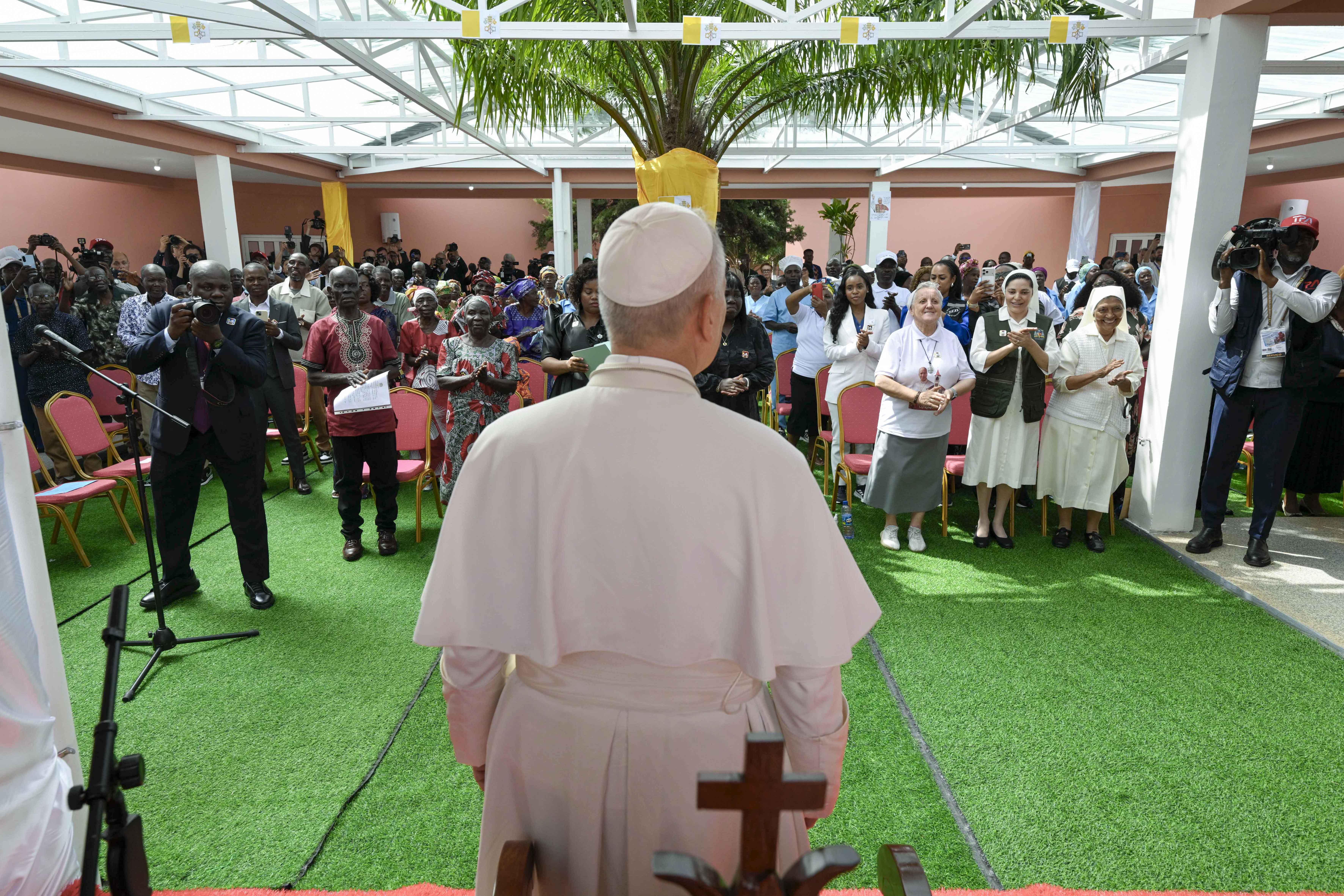 Pope Leo XIV greets the crowd during his visit to a nursing home in Saurimo, Angola, on April 20, 2026. | Credit: Vatican Media