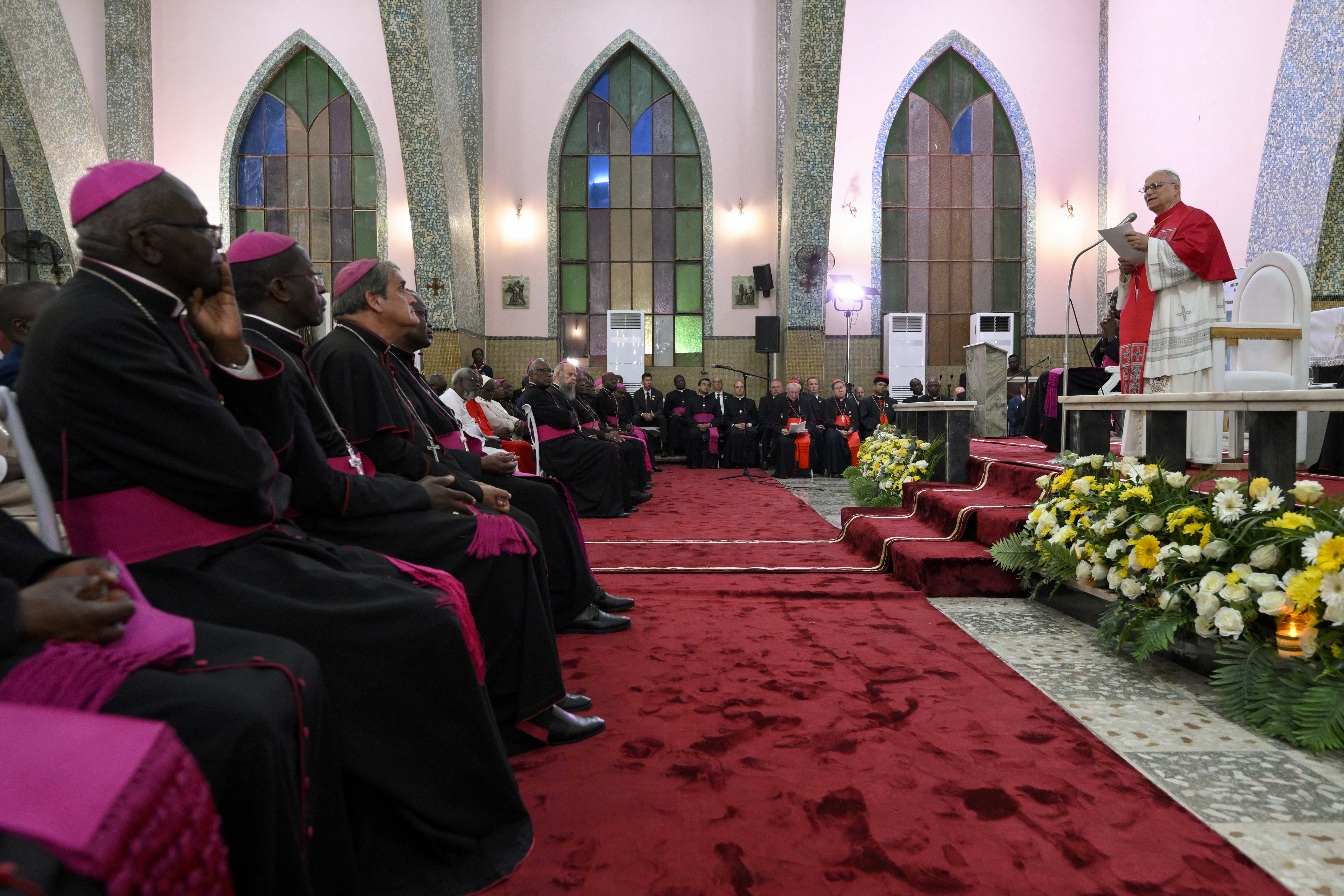 Pope Leo XIV addresses bishops, priests, consecrated men and women, catechists, and other pastoral workers at the Parish of Our Lady of Fátima in Luanda, Angola, on April 20, 2026. | Credit: Vatican Media