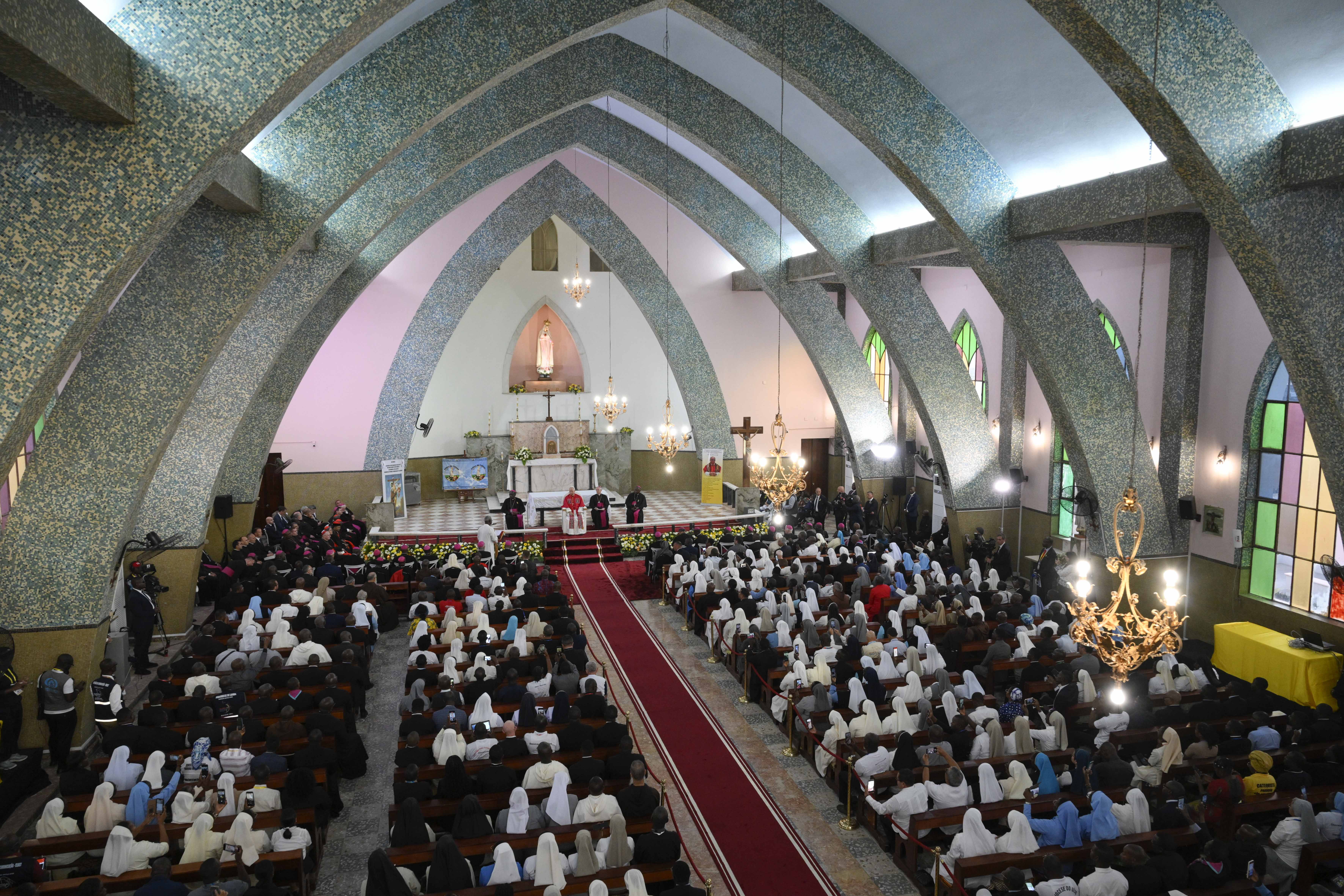 Pope Leo XIV addresses bishops, priests, consecrated men and women, catechists, and other pastoral workers at the Parish of Our Lady of Fátima in Luanda, Angola, on April 20, 2026. | Credit: Vatican Media