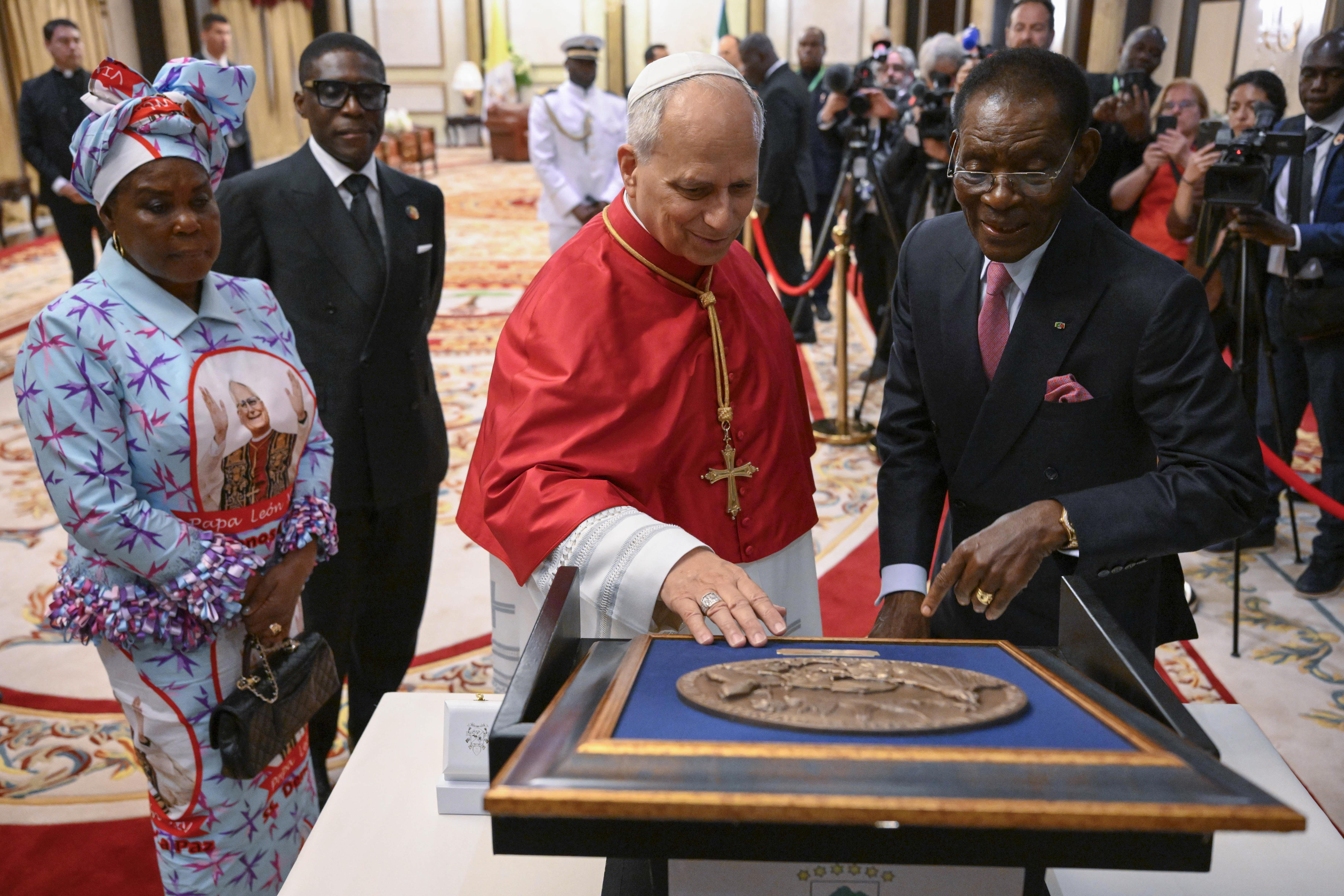 Pope Leo XIV meets with Equatorial Guinea President Teodoro Obiang Nguema Mbasogo at the presidential palace in Malabo on April 21, 2026. | Credit: Vatican Media