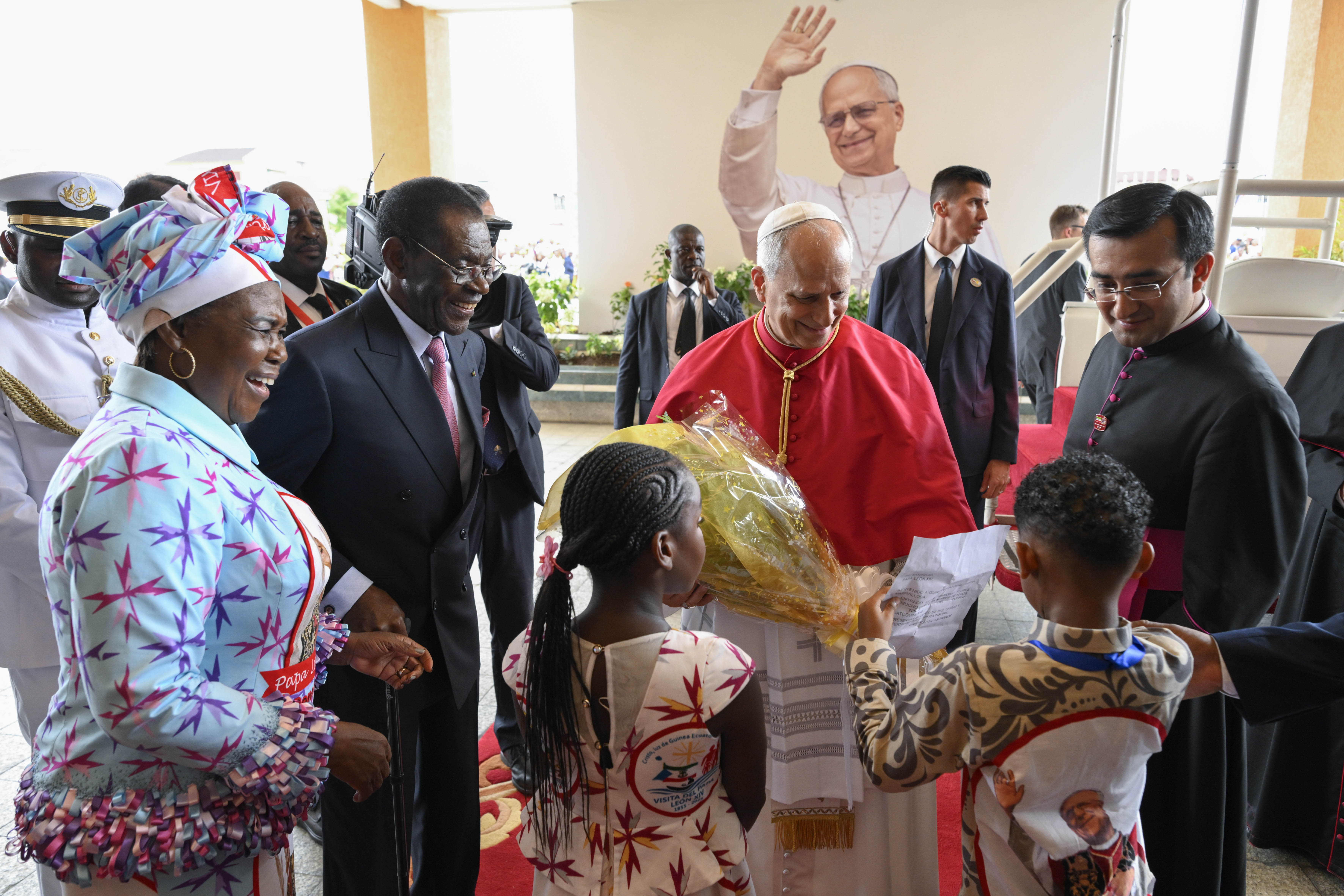 Pope Leo XIV receives gifts during his meeting with Equatorial Guinea President Teodoro Obiang Nguema Mbasogo at the presidential palace in Malabo on April 21, 2026. | Credit: Vatican Media