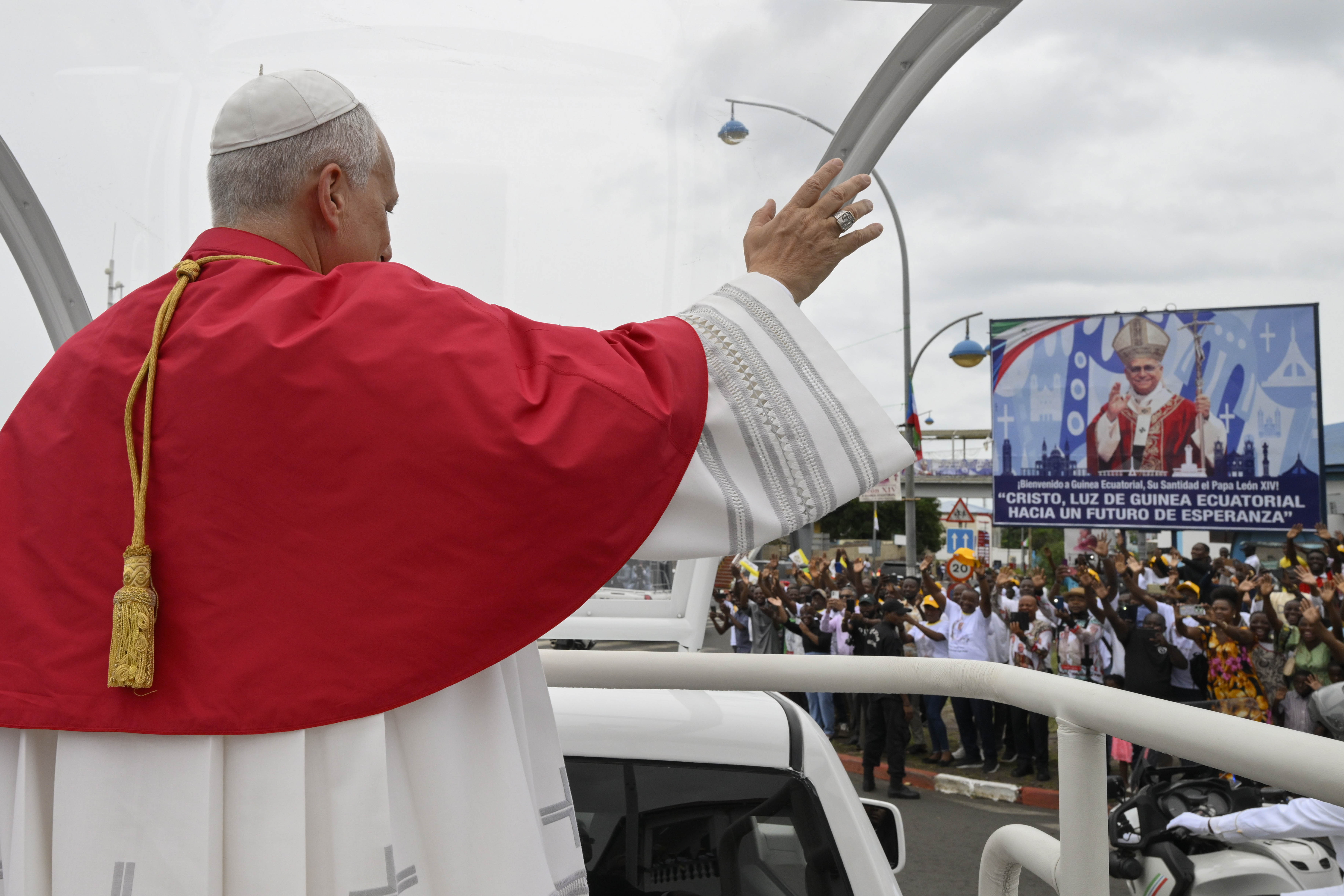 Pope Leo XIV waves to crowds after arriving in Equatorial Guinea on Tuesday, April 21, 2026. | Credit: Vatican Media