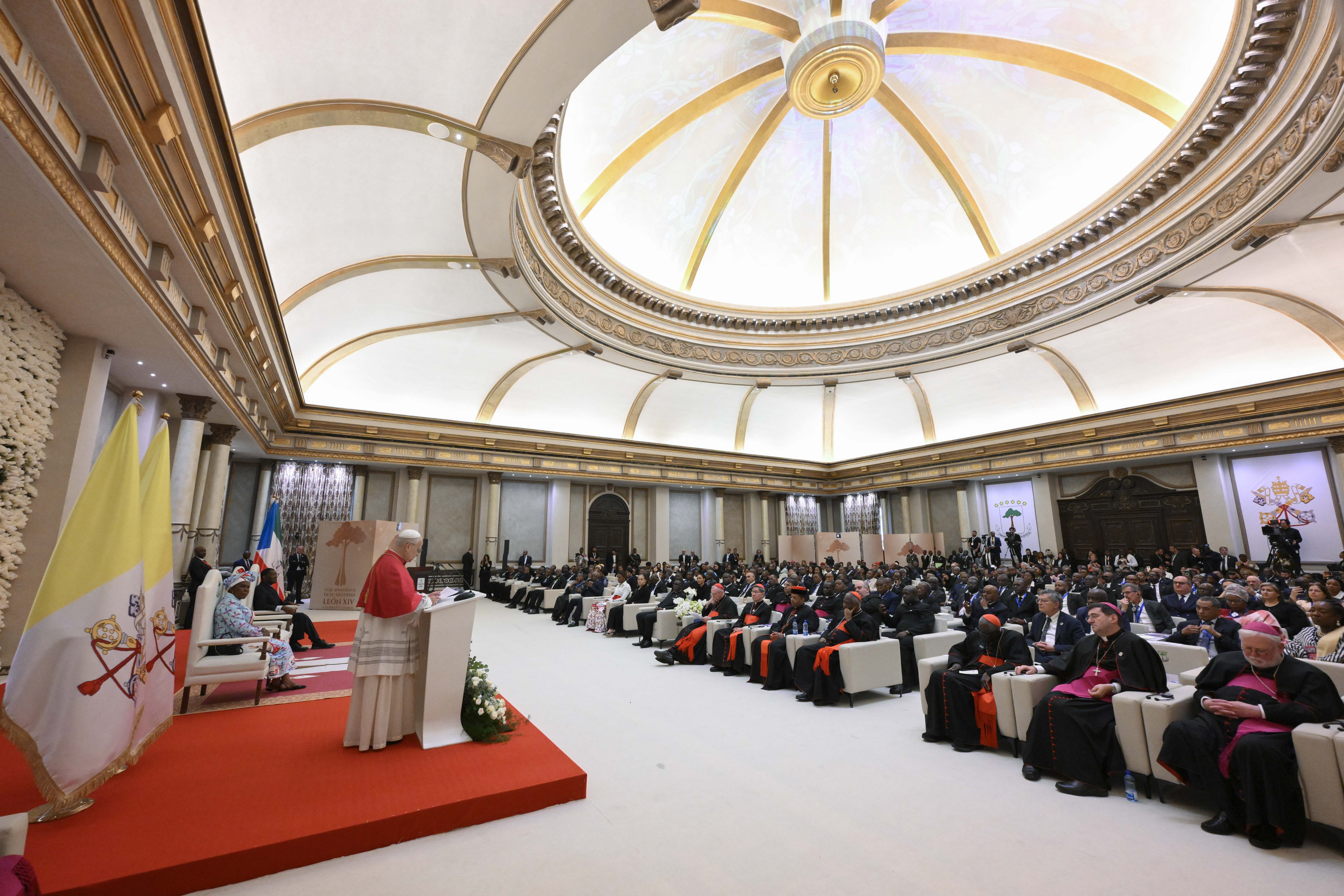 Pope Leo XIV speaks to civil leaders at Malabo, Equatorial Guinea, on Tuesday, April 21, 2026. | Credit: Vatican Media