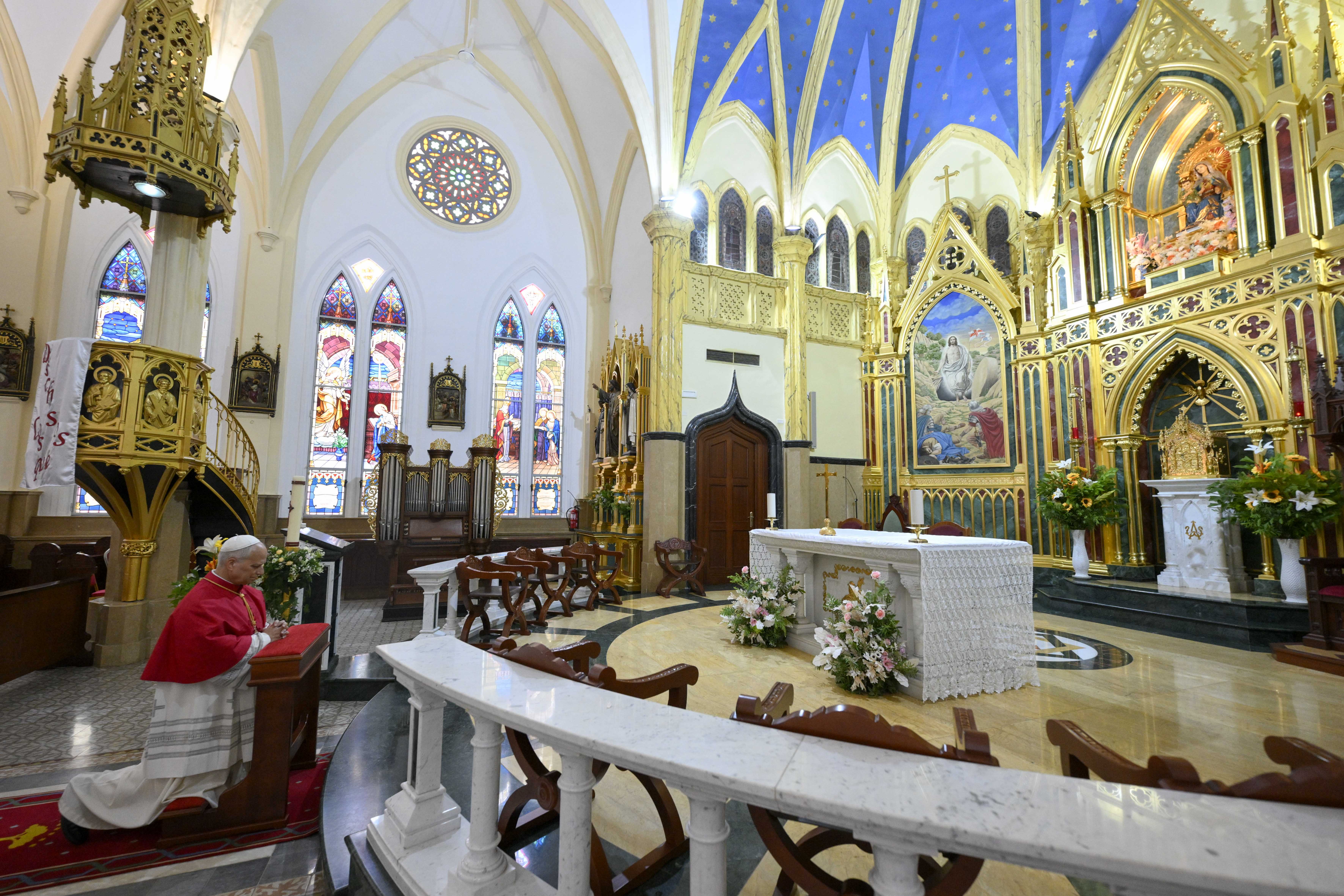 Pope Leo XIV prays at St. Elizabeth Cathedral in Malabo, Equatorial Guinea, on Tuesday, April 21, 2026. | Credit: Vatican Media
