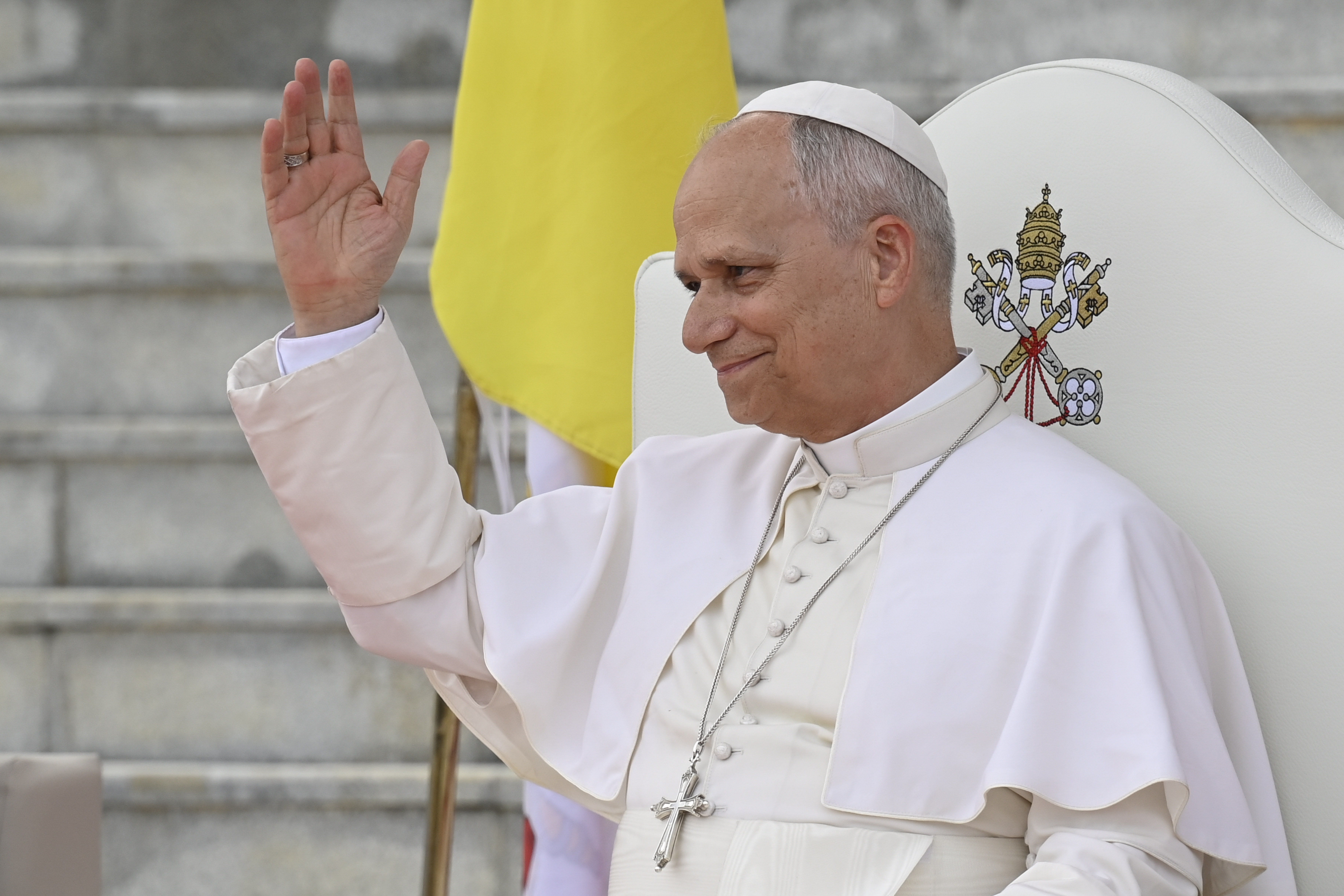 Pope Leo XIV waves to the crowd during a meeting with the World of Culture at the León XIV Campus of the National University, Malabo, Equatorial Guinea, on Tuesday, April 21, 2026. | Credit: Vatican Media