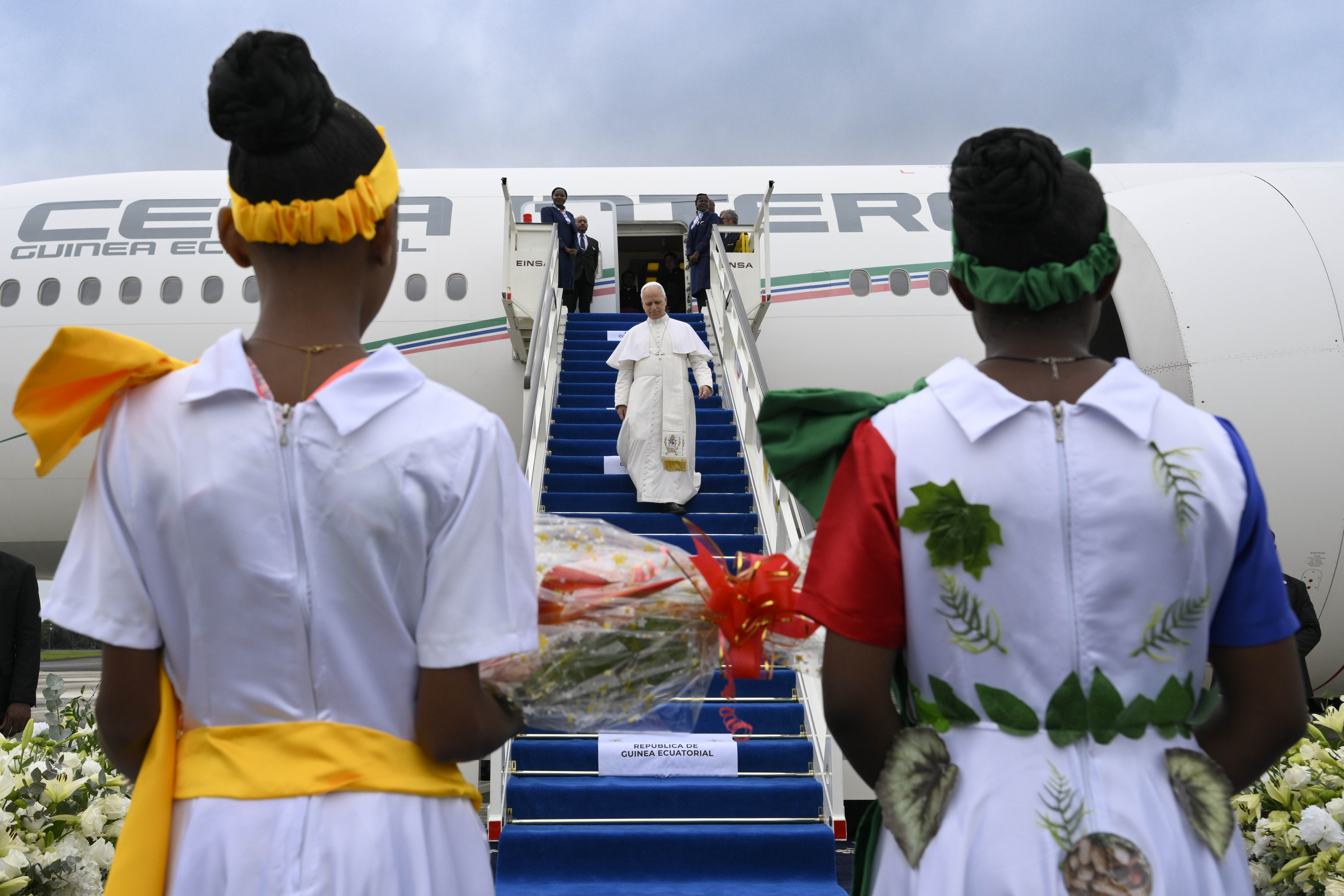 Pope Leo XIV is greeted upon his arrival at Mengomeyén, Equatorial Guinea, Wednesday, April 22, 2026. | Credit: Vatican Media