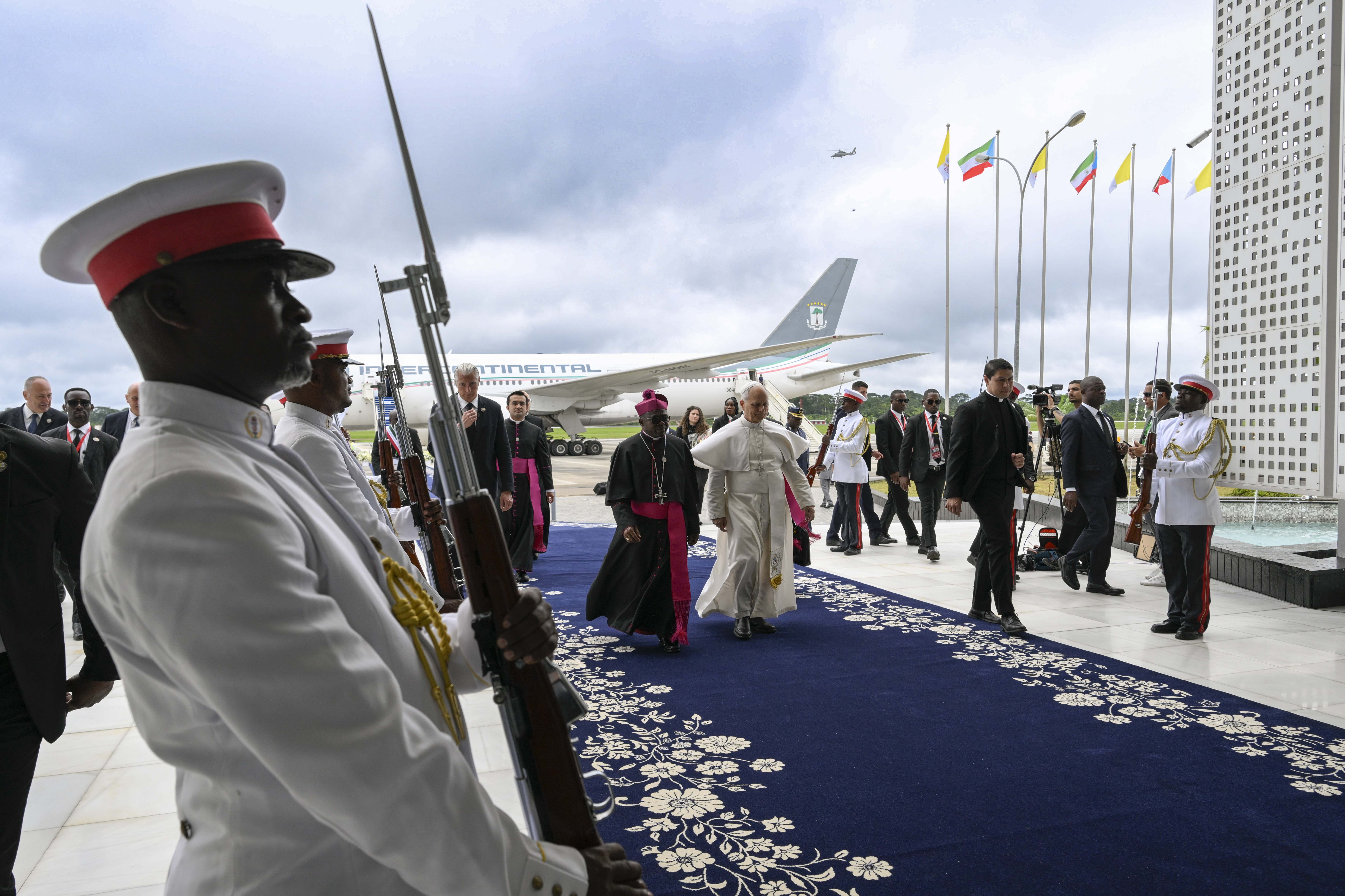 Pope Leo XIV is given a formal greeting upon his arrival at Mengomeyén, Equatorial Guinea, Wednesday, April 22, 2026. | Credit: Vatican Media