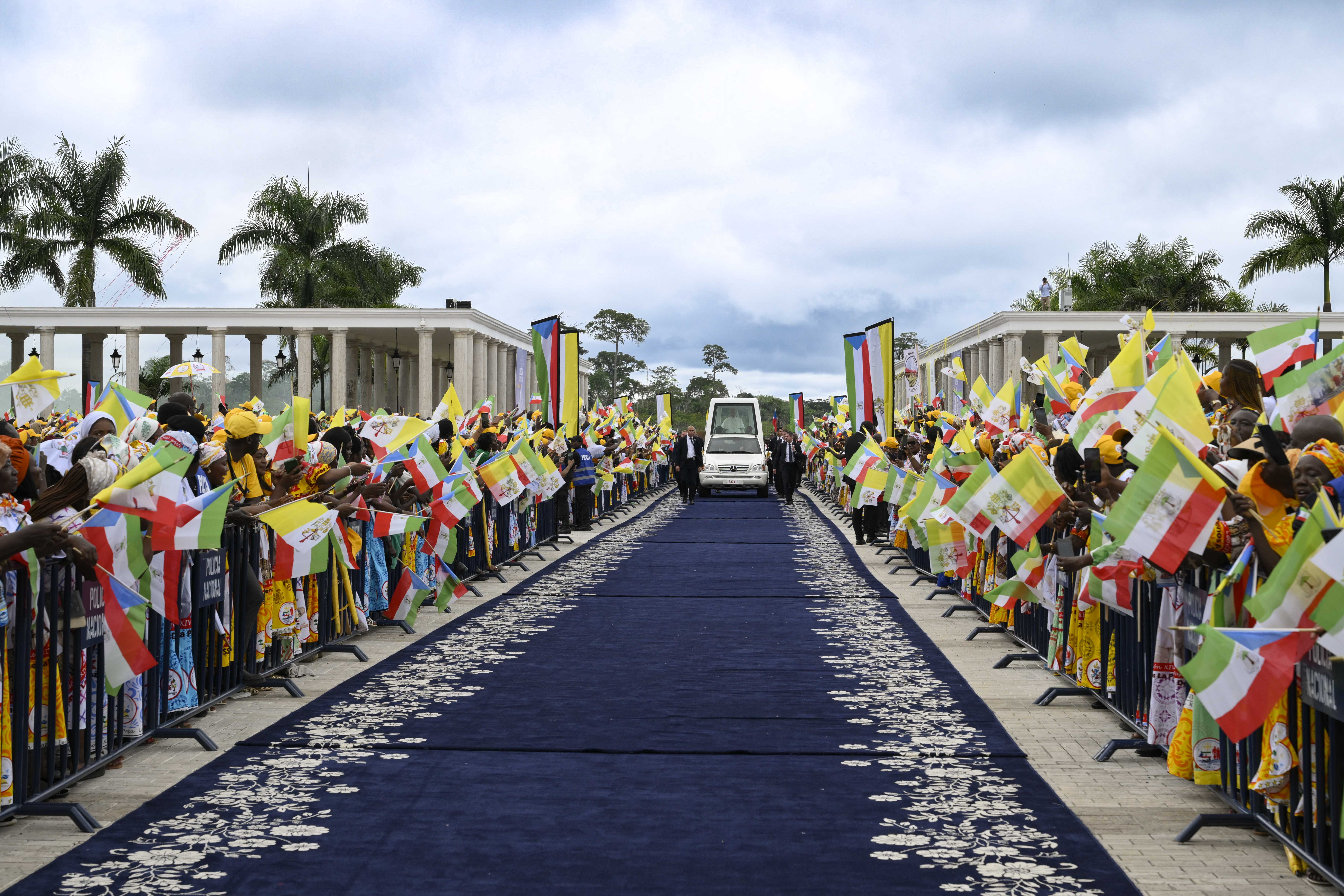 Pope Leo XIV is greeted by Catholics at the Basilica of the Immaculate Conception in Mengomeyén, Equatorial Guinea, Wednesday, April 22, 2026. | Credit: Vatican Media